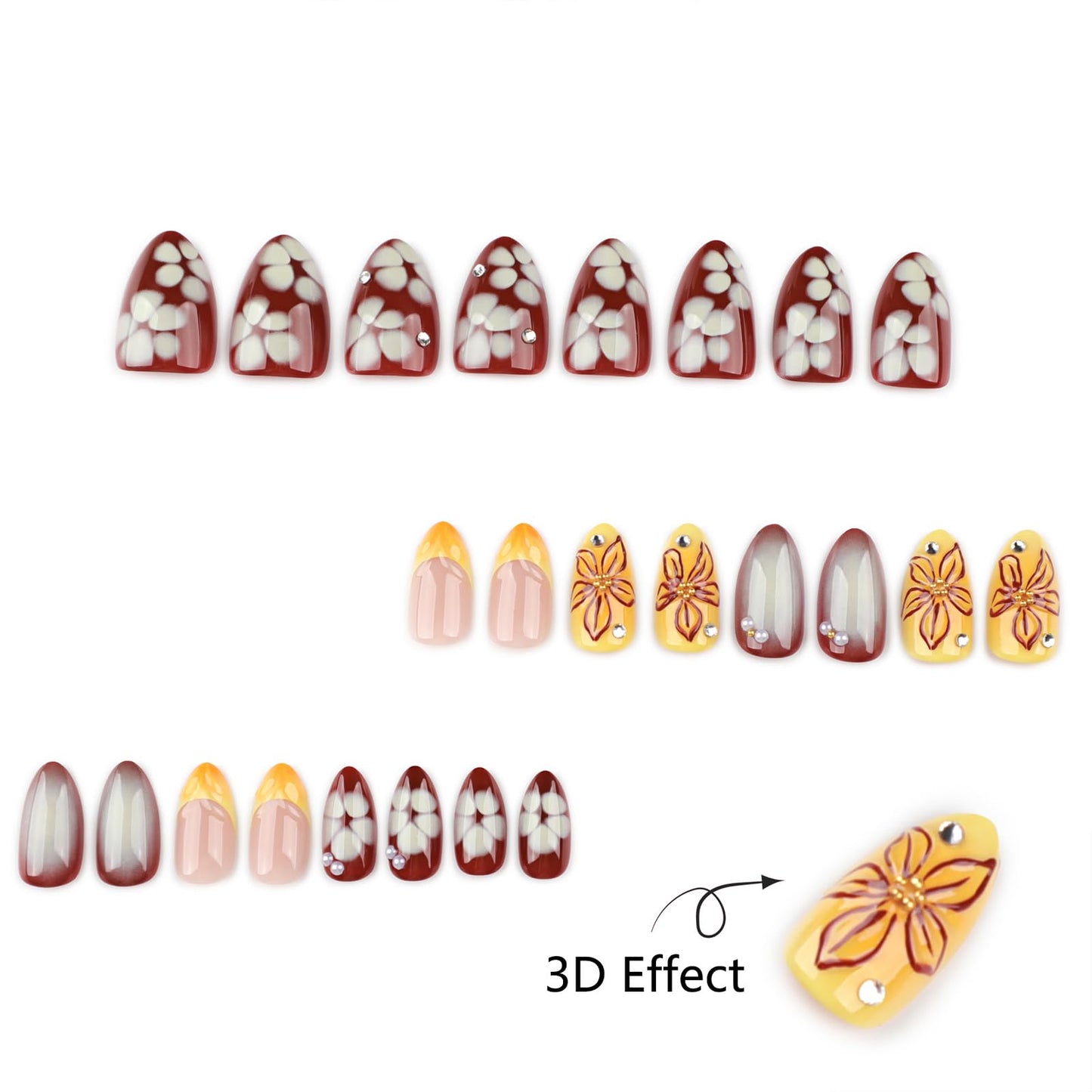 Mivota Yellow French Press On Nails Short Almond, Fall Fake Nails Adorned with Yellow and Burgundy Petal Accents, 3D Design, Glossy Gel Finish Acrylic Nails, Reusable Glue On Nails for Women, 24 Pcs