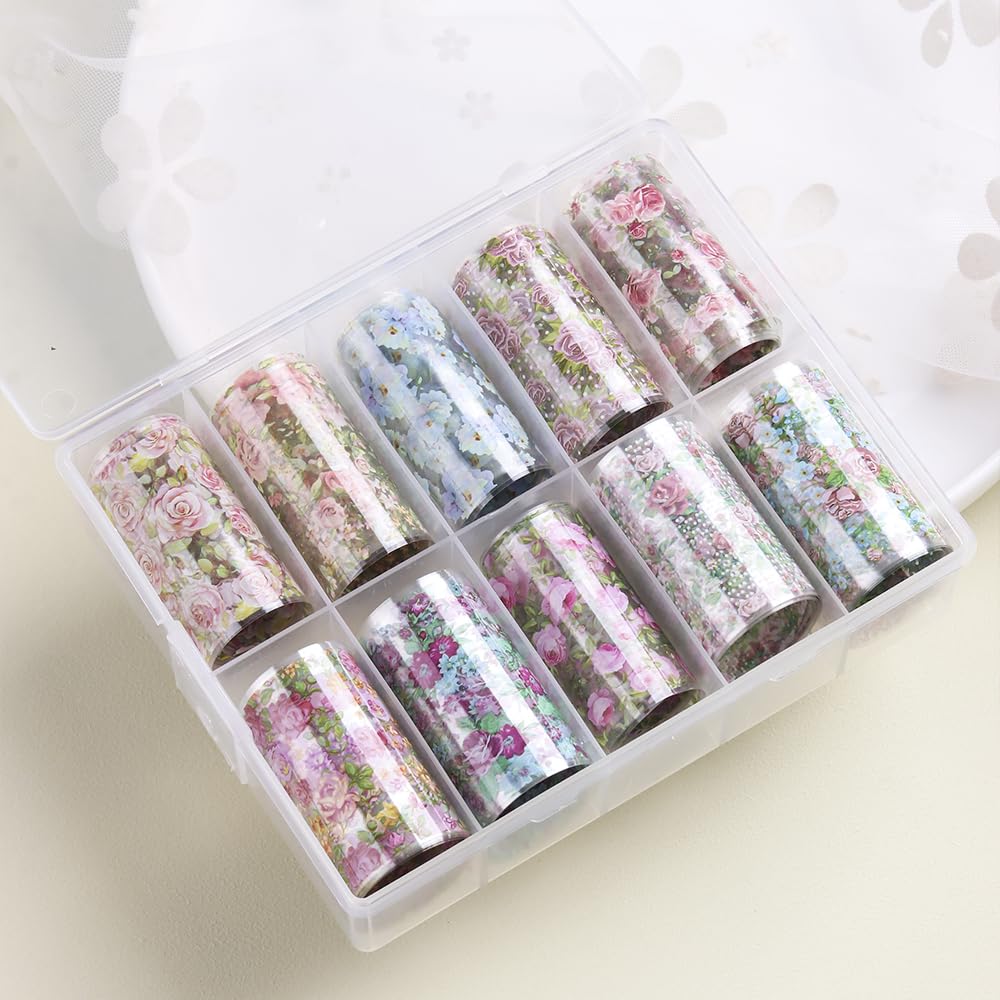 Flower Nail Art Foil Transfer Stickers 10 Rolls Spring Flowers Nail Art Foil Decals Elegant Floral Nail Art Supplies Decoration Spring Nail Transfer Foil Stickers for Women DIY Manicure Accessories