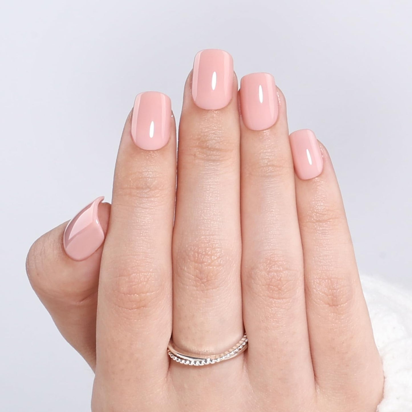 Leefrei Press on Nails Short - Square Nails Press ons for Women, Reusable Glossy Nude Pink Glue On Nails 30 Pcs 15 Sizes Fake Nails Kit with Glue, Soft Blush