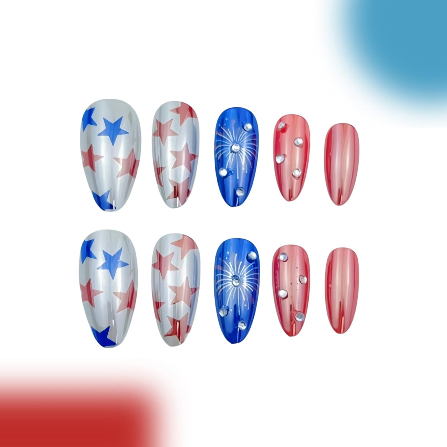 Independence Day Electroplating Press on Nails Medium Almond Fake Nails July 4th Fireworks False Nails with Rhinestones Design Stick on Nails for Women Girls Manicure Decoration 24 Pcs