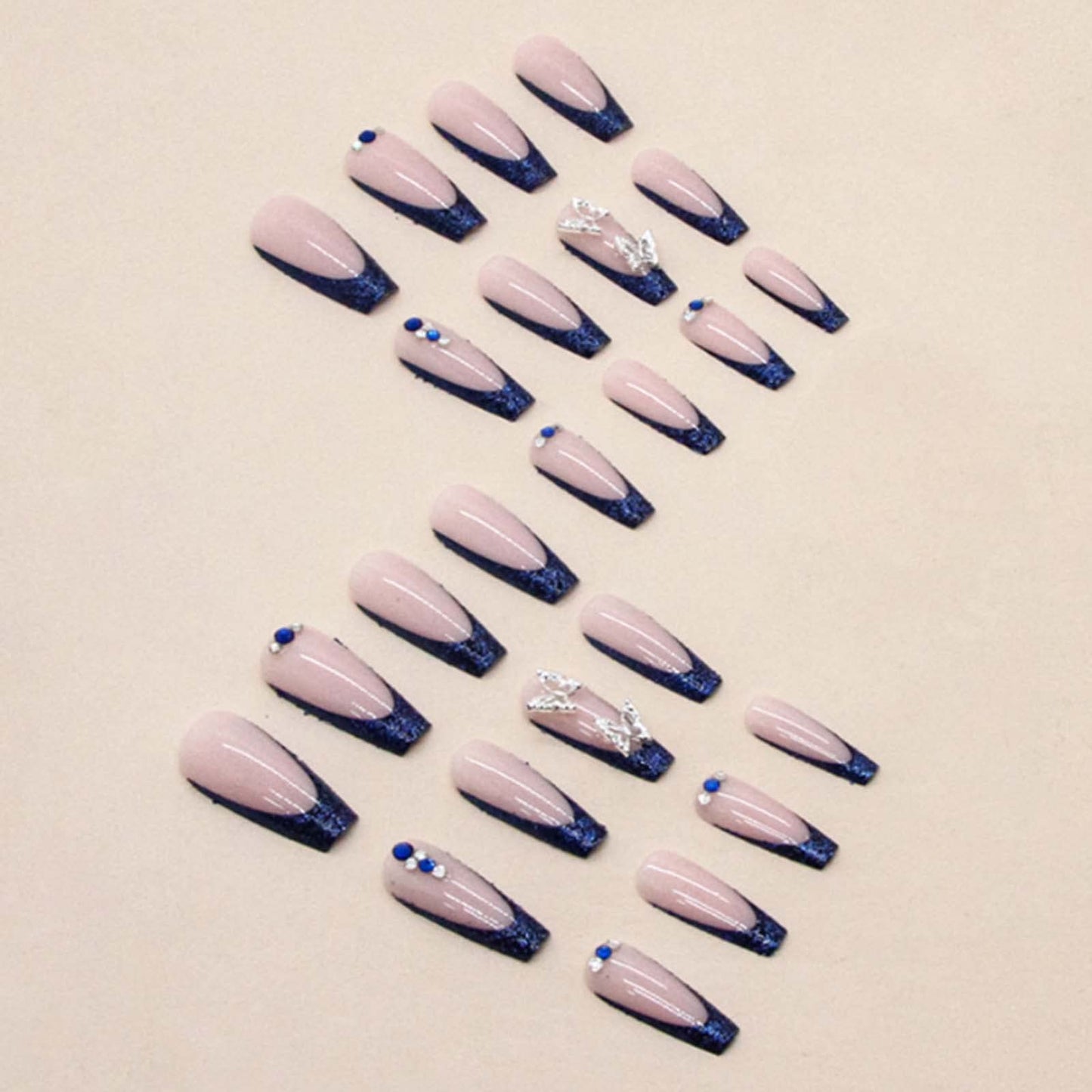 YoYoee Long Coffin False Nails Blue Butterfly Press on Nails French Fake Nails Acrylic Ballerina Nails Tips for Women and Girls 24PCS