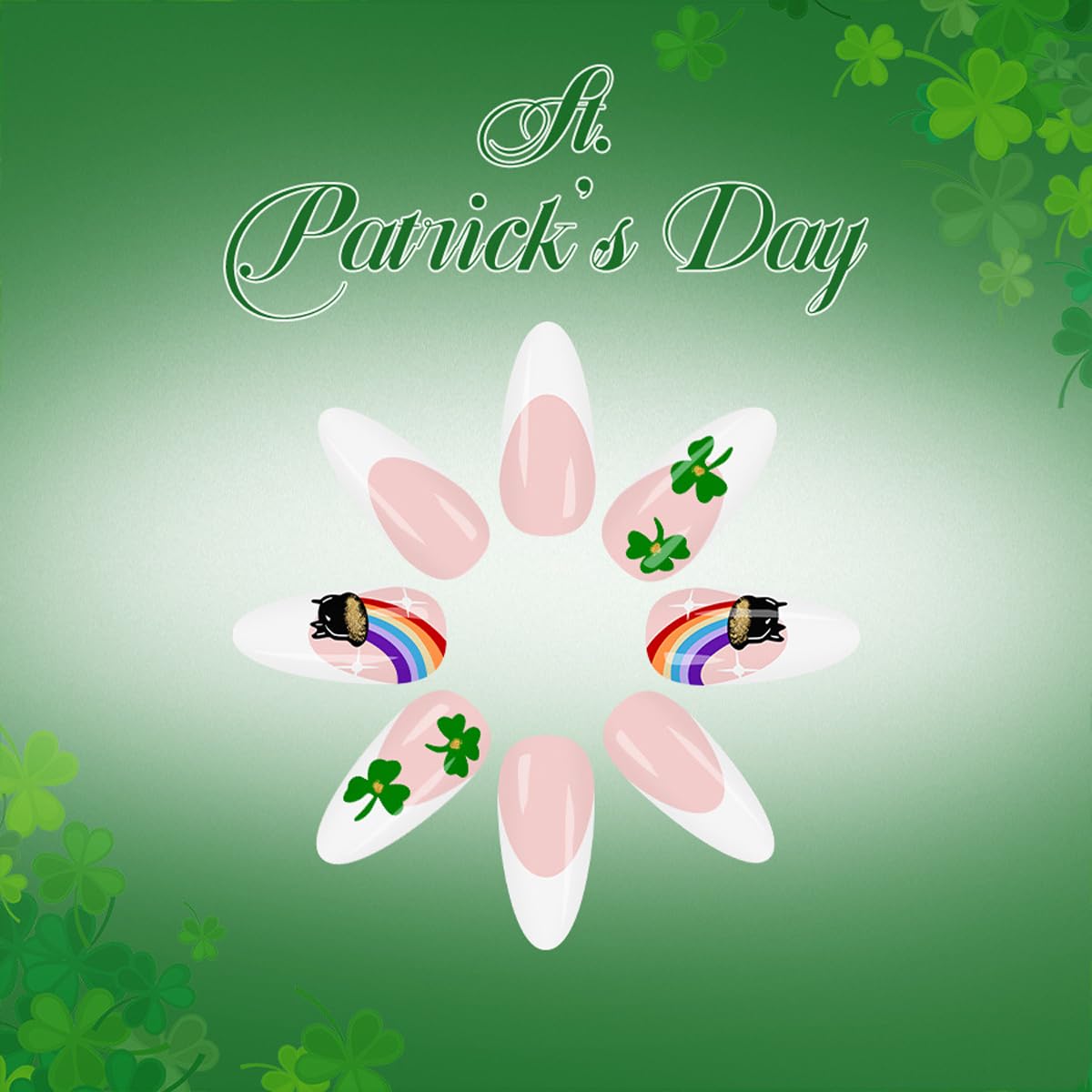 St. Patrick's Day Press on Nails - Short Almond Fake Nails Press ons with Shamrock Rainbow Designs, White French Tip Nails Glossy Acrylic Nails Full Cover Glue on Nails for Women Manicure 24Pcs