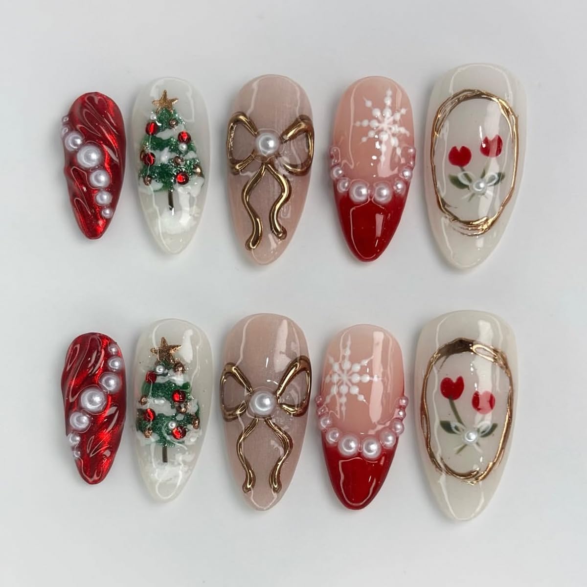 30Pcs Christmas Press on Nail Red French Tip Almond Fake Nail with 3D Pearl Designs Snowflake Full Cover Stick on Nails Flower Gold Bow Xmas False Nail Winter Medium Glue on Nails for Women