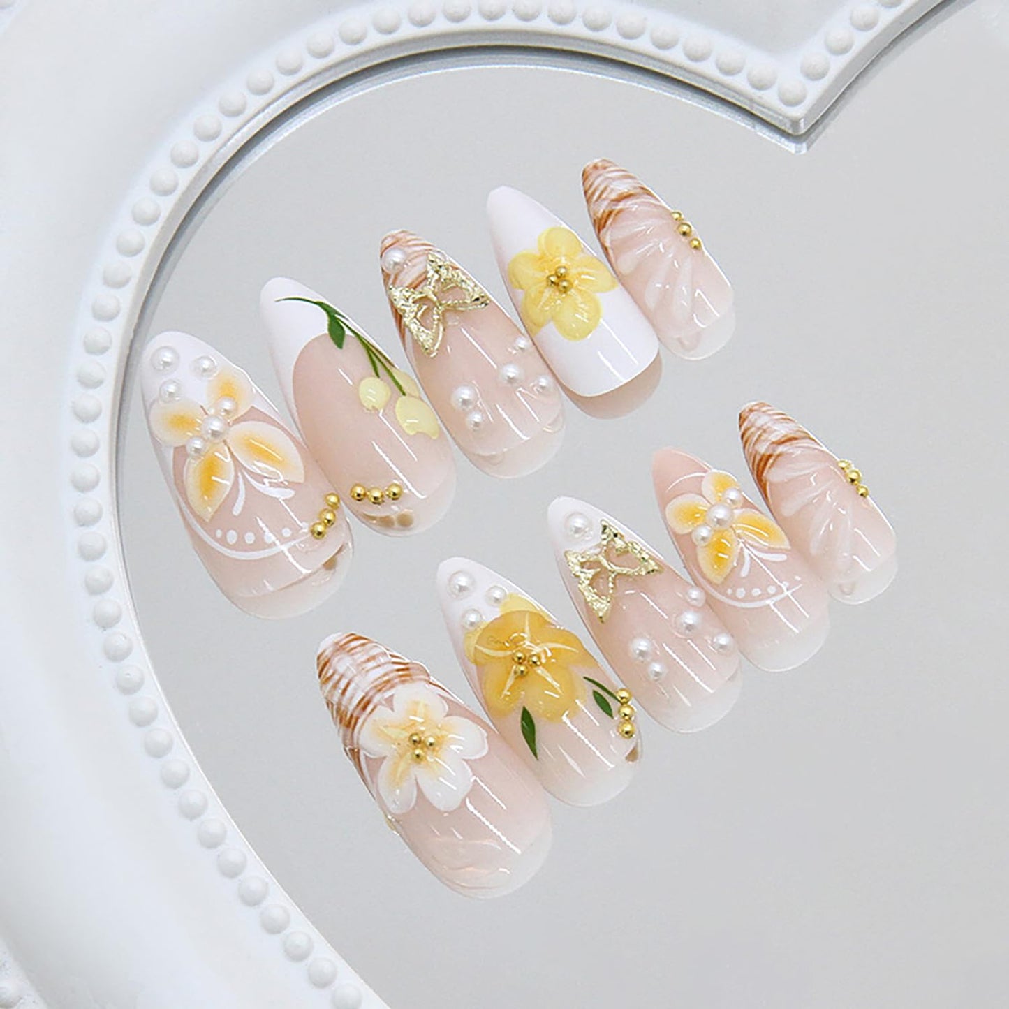 24Pcs Spring Press on Nails Medium Almond Fake Nails with Pearl Butterfly Rhinestones Designs 3D Flower False Nails Yellow Butterflies Acrylic Nail French Tip Full Cover Glue on Nails for Women
