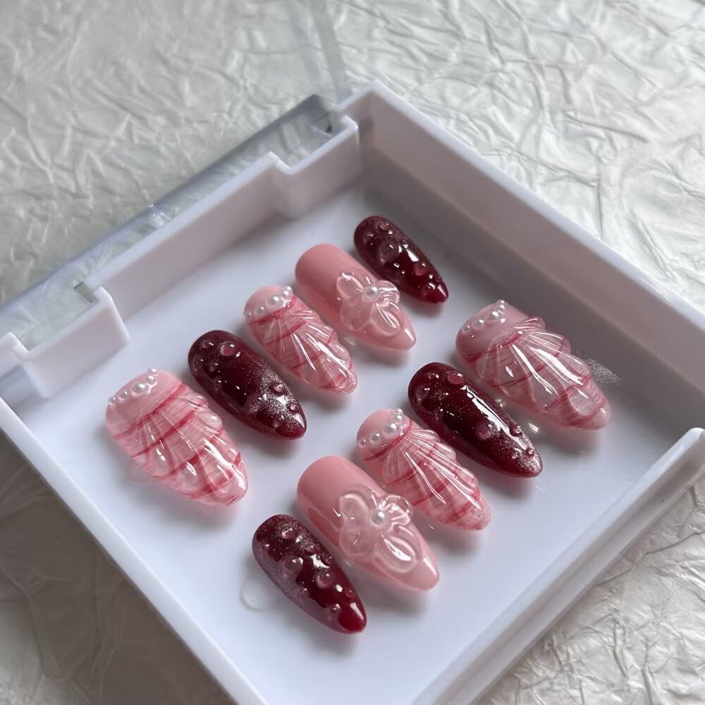 10 Pcs Press on Nails Medium Almond Fake Nails, 3D Pink Shell Design Full Cover Stick on Nails, Handmade Artificial Acrylic Nails for Women with Nails File Set (Size S)