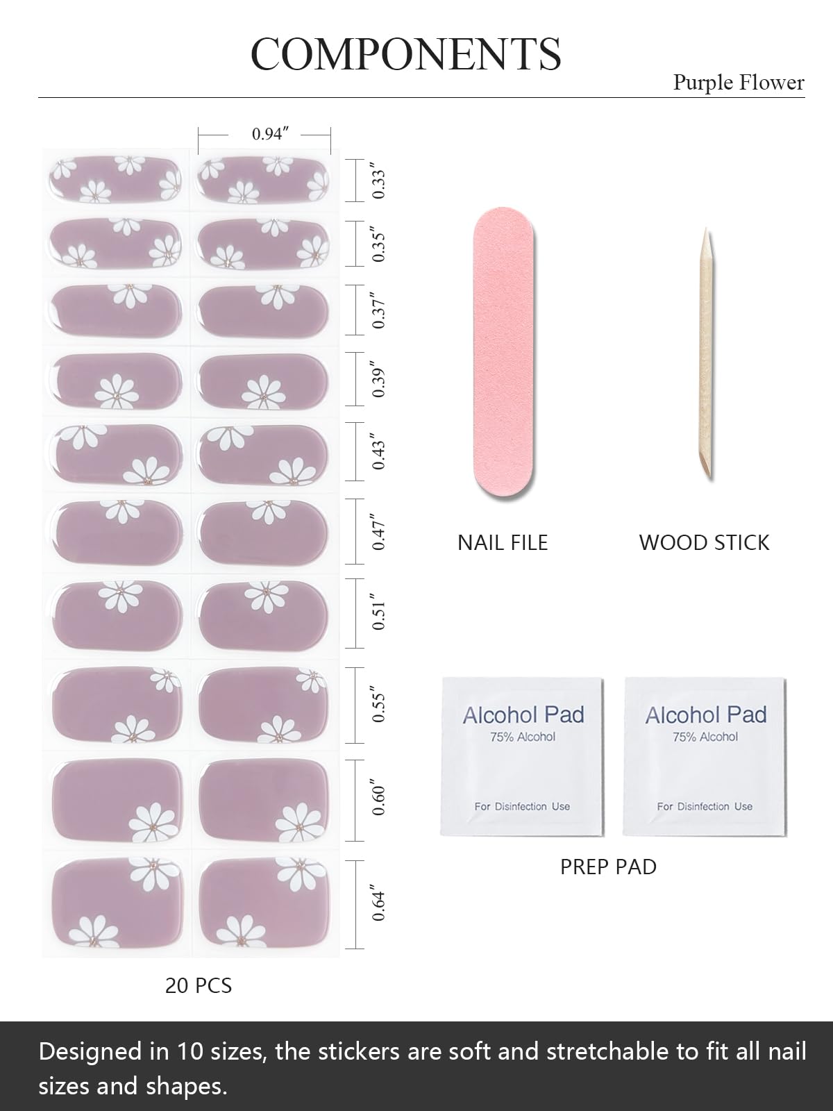 AutyaMee Semi Cured Gel Nail Strips (Purple Flower), 20 Pcs Gel Nail Wraps, Stickers, Salon Quality, Long Lasting, Works with Any UV Lamps