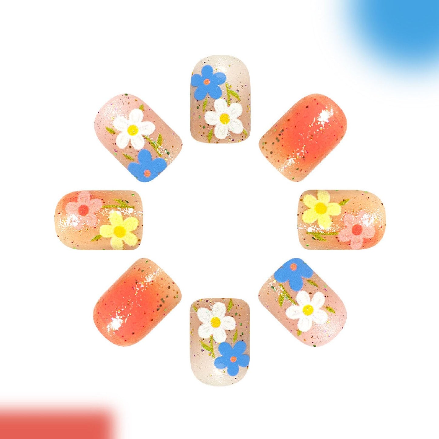 Flower Press on Nails Short Square Fake Nails with Glitter Blending Full Cover Designs Nails Press ons Colorful Glue on Nails Spring Summer Stick on Nails for Women 24Pcs