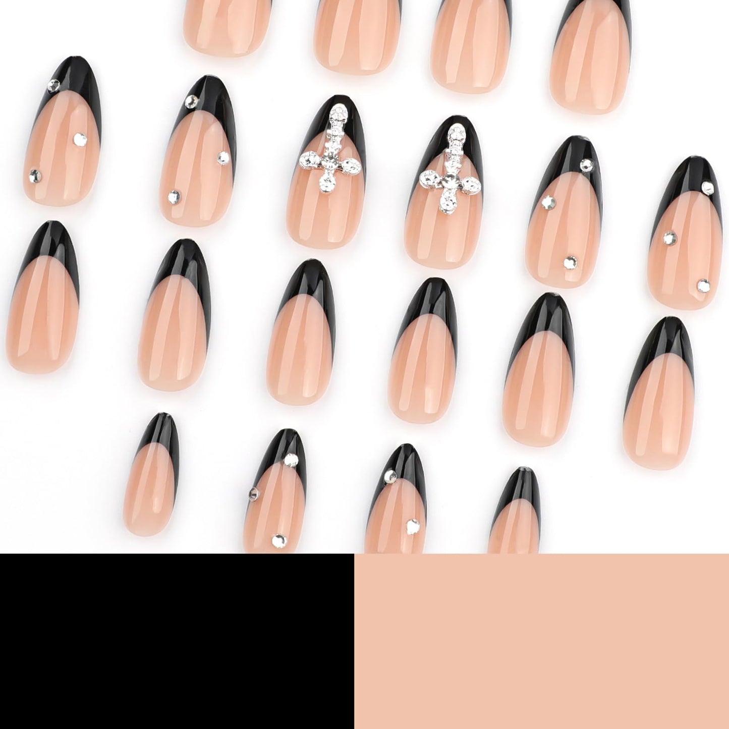 24 Pcs Handmade Almond Press on Nails Short Medium Fake Nails Black French Tip False Nails with Rhinestone Design Artificial Nails Holiday Glue on Nails Reusable Full Cover Stick on Nails for Women
