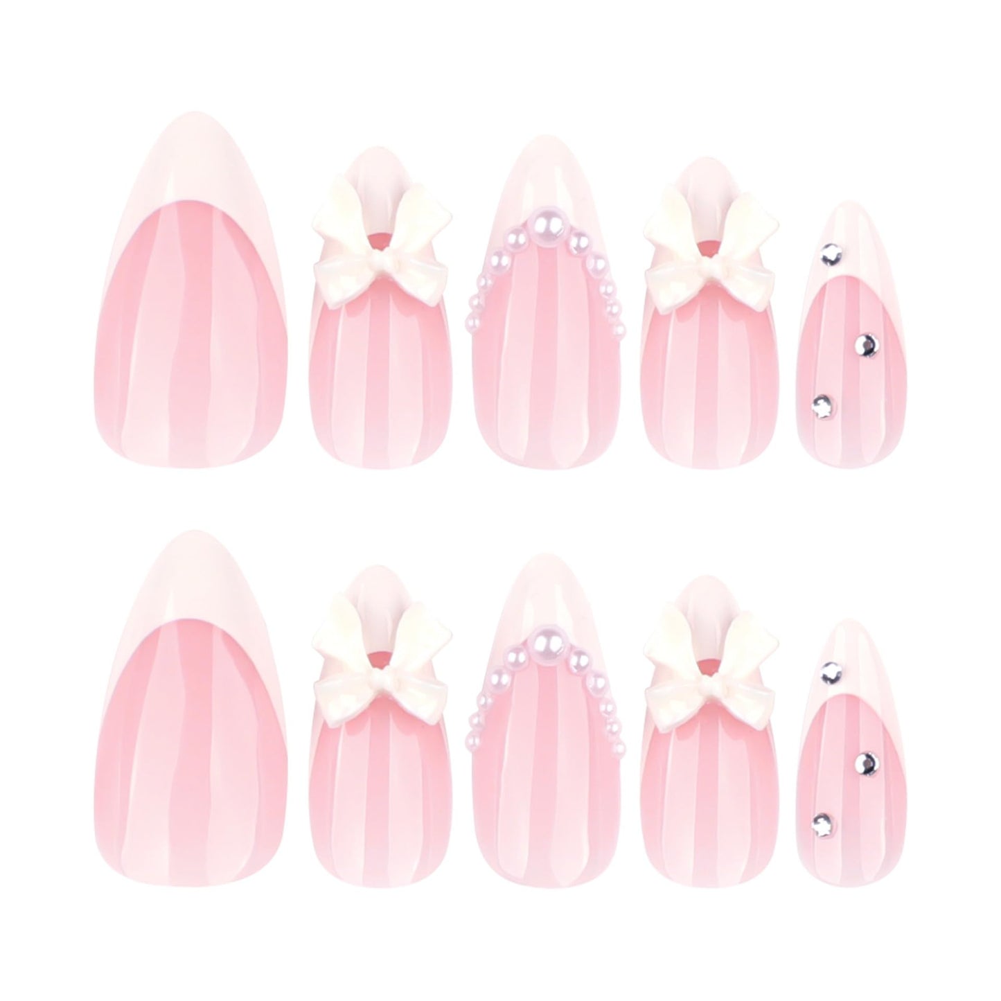CTTHNBD Press on Nails Almond - White French Tip Fake Nails with Bow Pearl Desgin - Medium False Nails Press ons - for Women 24 Pcs