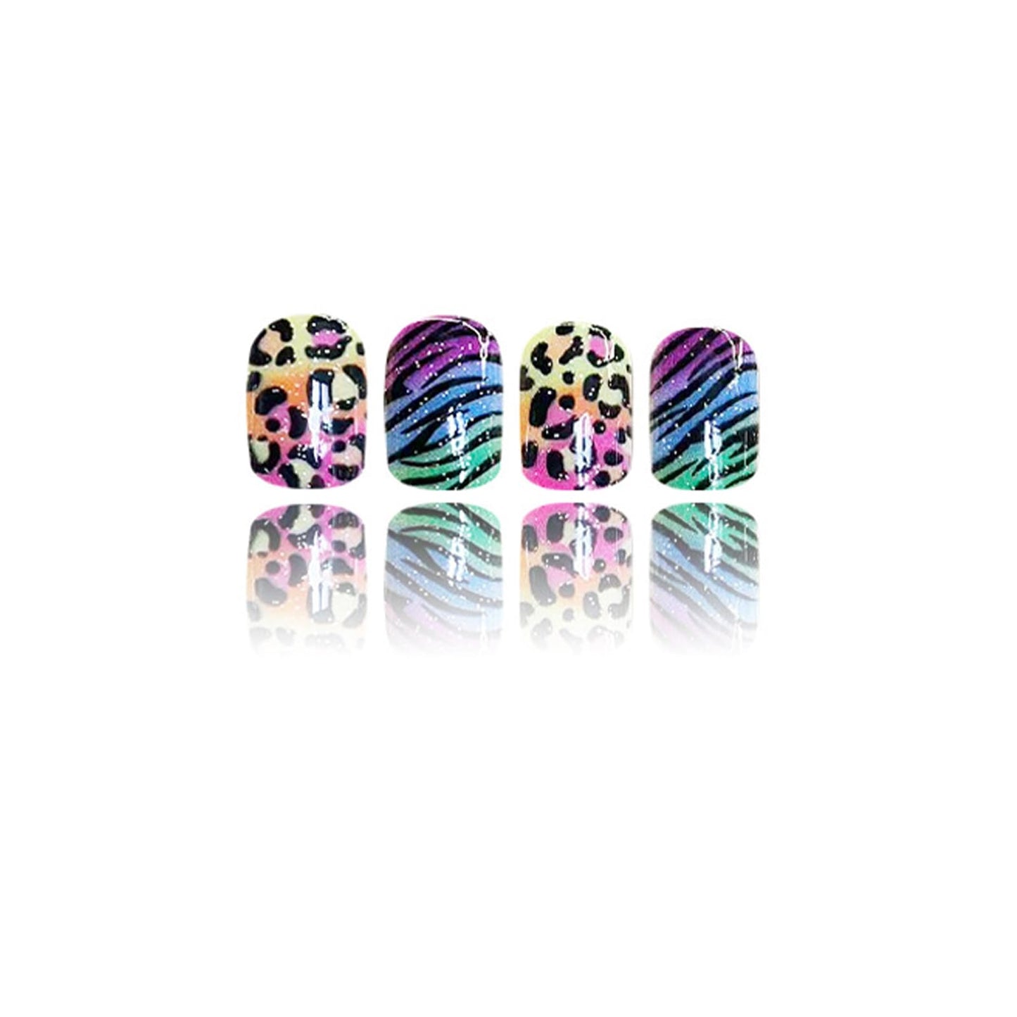 Fluorescent Leopard Print Press on Nails Medium Square Fake Nails Rainbow Leopard Print False Nails with Zebra Prints Design Stick on Nails for Women Girls Summer Manicure Decoration 24 Pcs