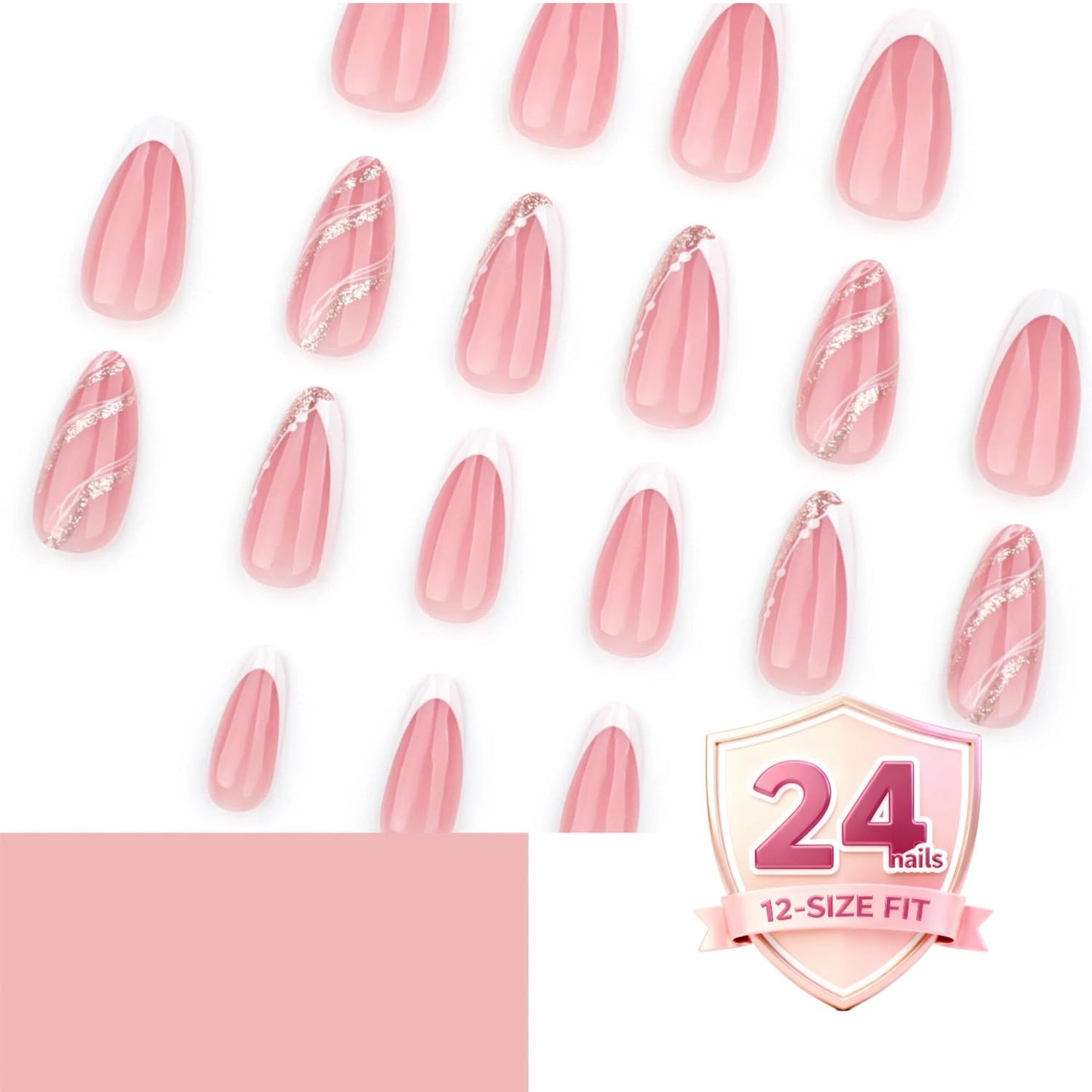 Taoyisent French Tip Press On Nails with Glitter Accent, Peach Pink Almond Fake Nails, Elegant Nude White False Nails, Press On Nail Kit for Women, 24PCS
