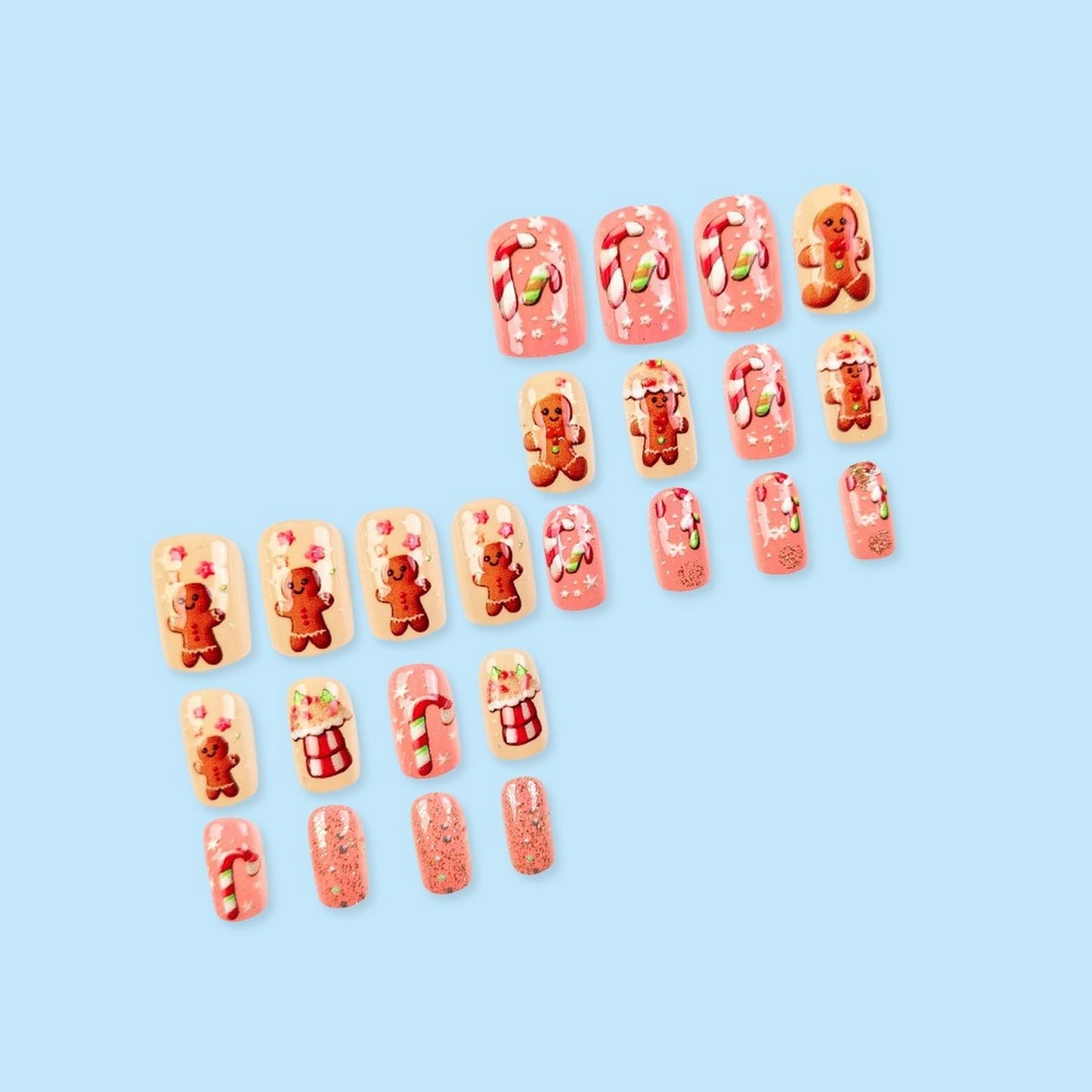 Christmas Cute Cartoon Press on Nails Short Square Fake Nails with House Snowflake Flower Gingerbread Man Designs Acrylic False Nails Xmas Winter Glue on Nails for Women and Girls 24Pcs