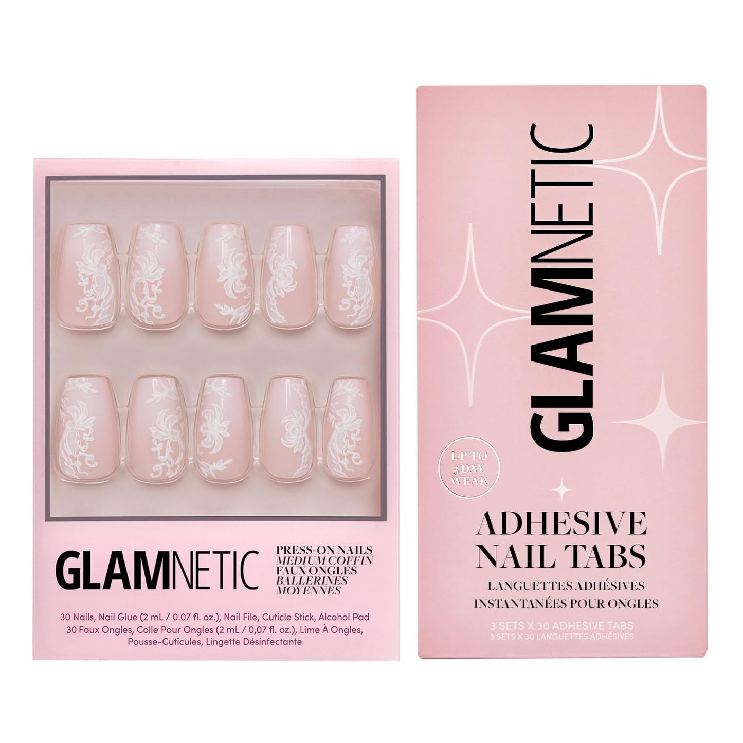 Glamnetic Press-On Nails & Adhesive Nail Tabs - Lace Blush | Medium Coffin Fake Nails with Lace Detailing | 15 Sizes - 30 Nail Kit with Adhesive Tabs