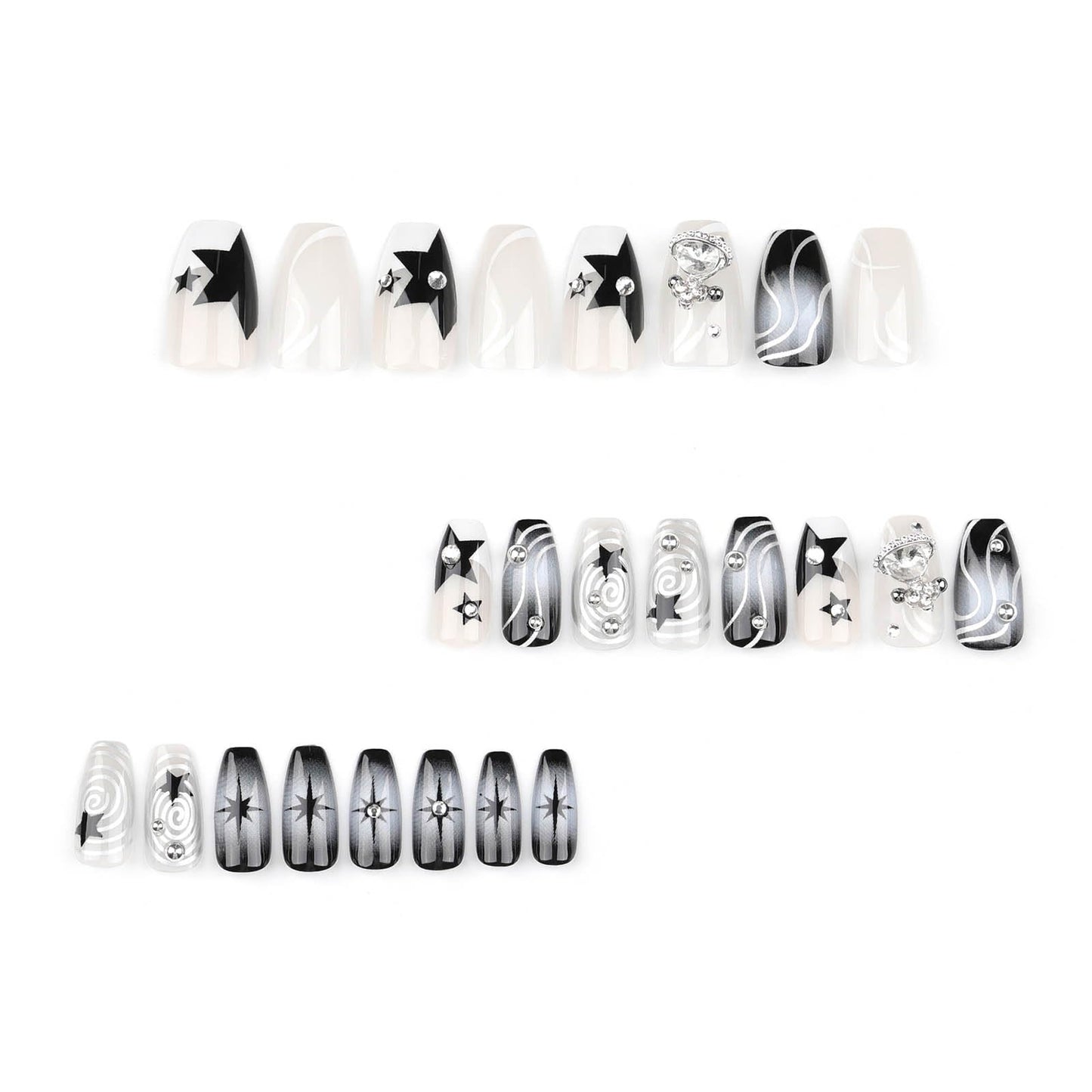 RTKHFZE Press on Nails Medium Coffin Fake Nails Black Gradient Acrylic Press on False Nails with y2k Planet Flash Diamond Artificial Press on Nails with Design Stick on Nails for Women