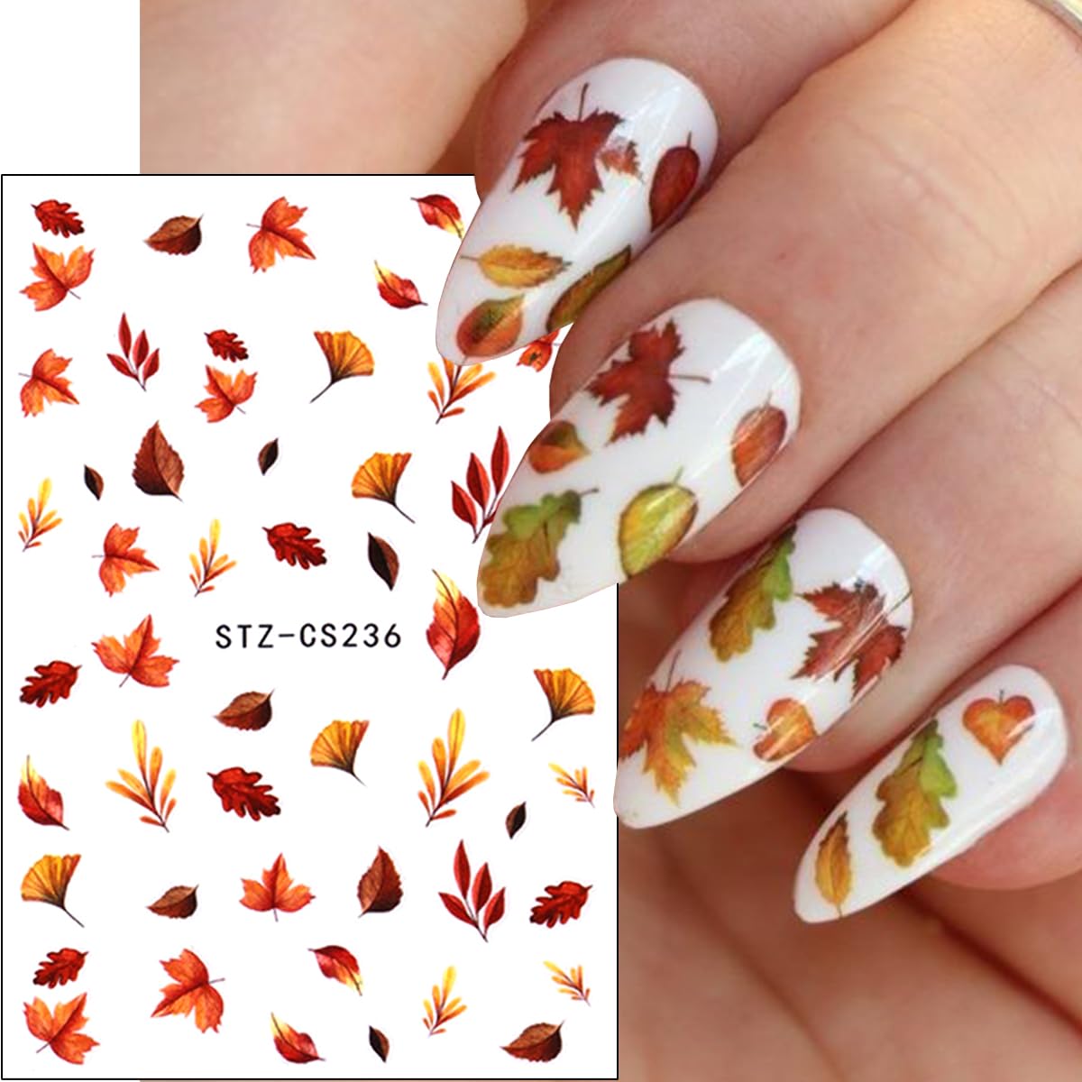 6 Sheets Fall Nail Art Stickers Thanksgiving Day Nails Decals 3D Self Adhesive Maple Leaf Nail Stickers Cute Fox Pumpkin Maple Leaves Design Fall Nails Supplies for Women Autumn DIY Manicure Decor