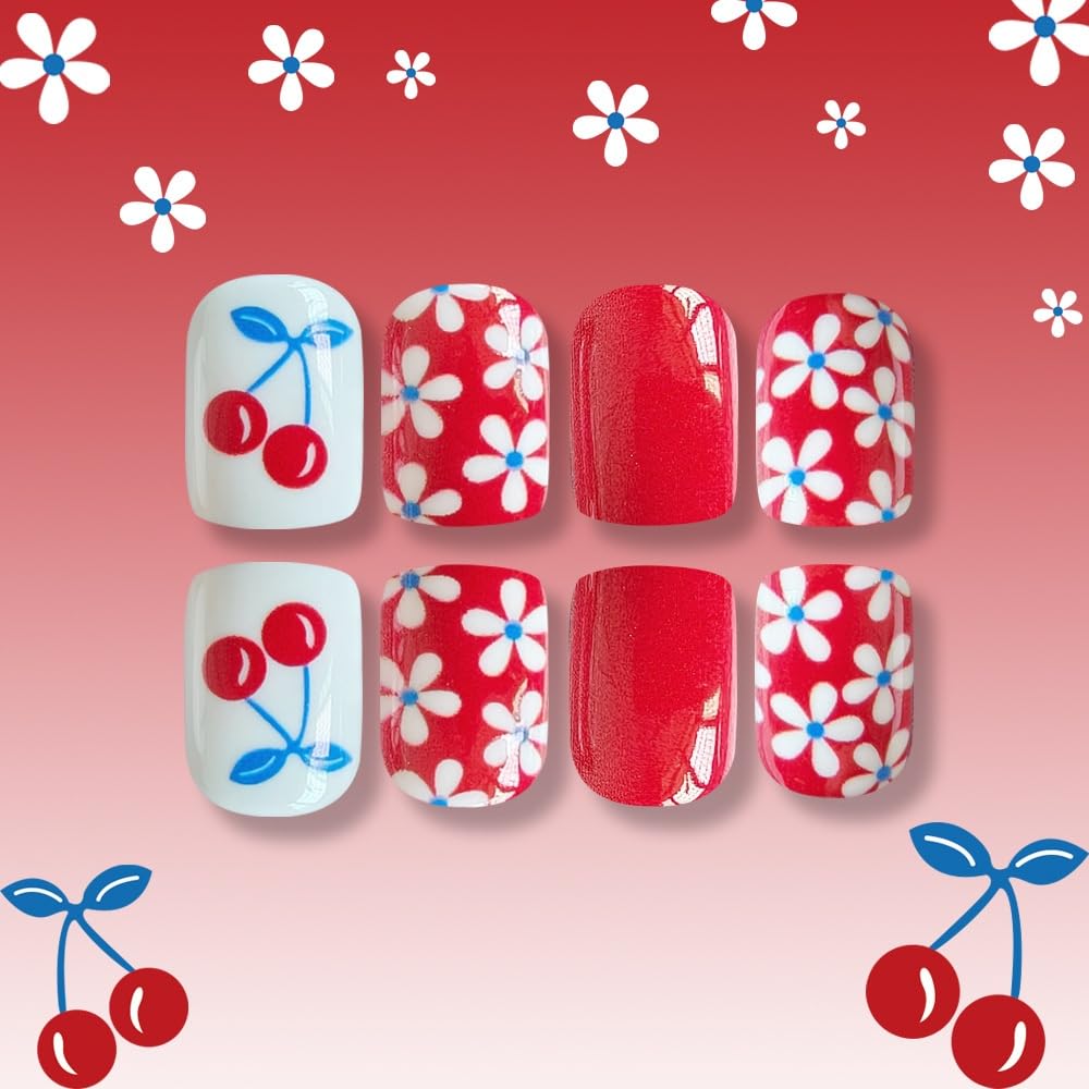 Flower Press on Nails Short Square Fake Nails with Flower Cherry Design Glossy Red Glue on Nails Floral Nails Press ons Reusable Full Cover Spring Summer Acrylic Nails for Women Manicure 24Pcs