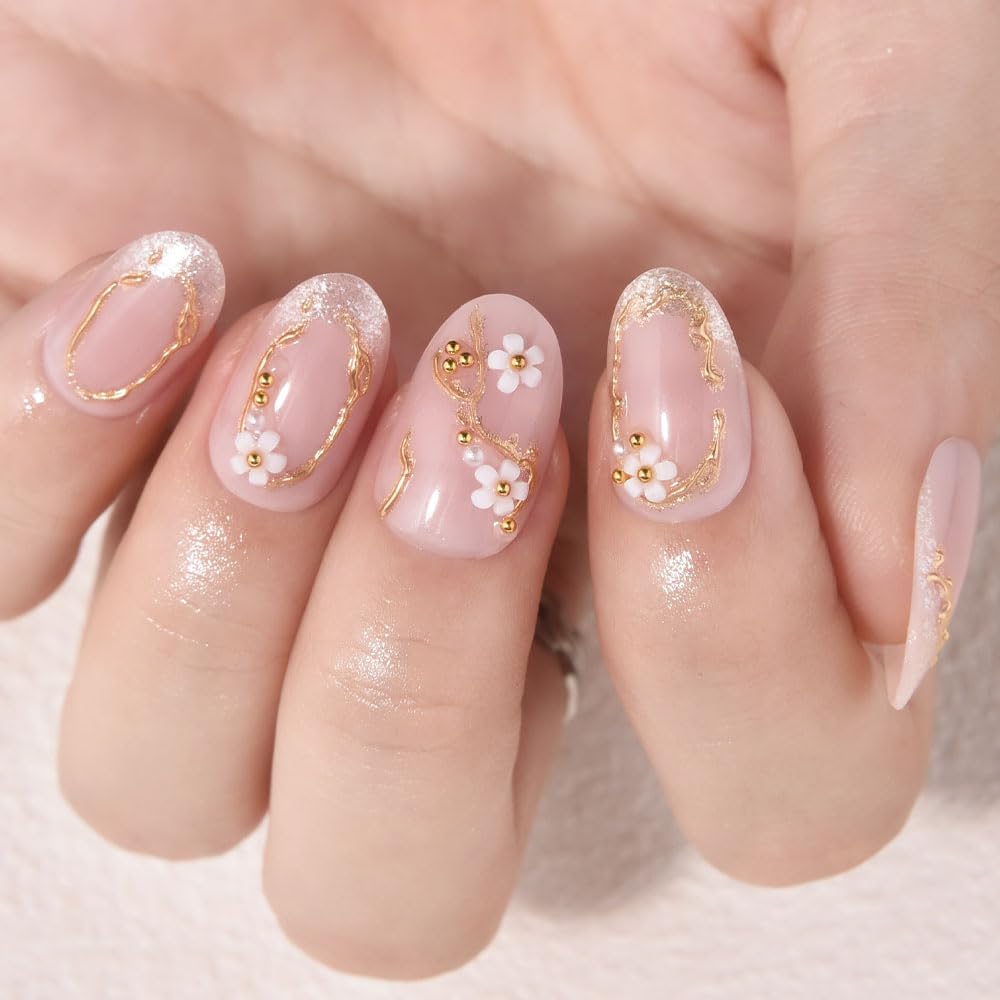 XZMeiLun French Gold Pearl White Flower Press on Nails, Short Round Acrylic Fake Nails Design, Natural Reusable Nails Kit for Women DIY False Nail Art Decoration Gift, Salon Quality Reusable 24 Pcs