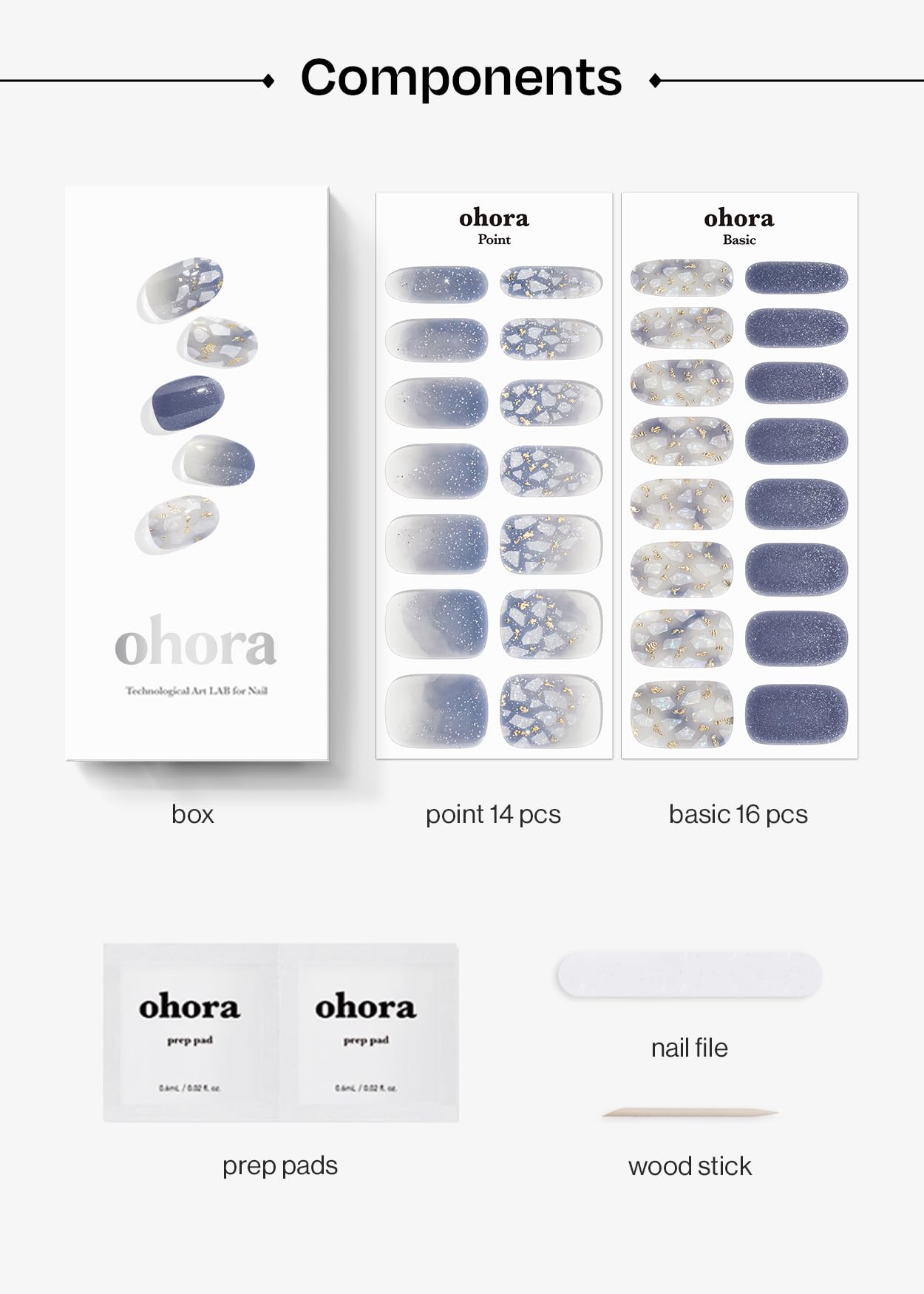 ohora Semi Cured Gel Nail Strips (N Gleam Blue) - Blue, Glitter, Works with Any UV/LED Lamps, Salon-Quality, Long Lasting, Easy to Apply & Remove - Includes 2 Prep Pads, Nail File & Wooden Stick