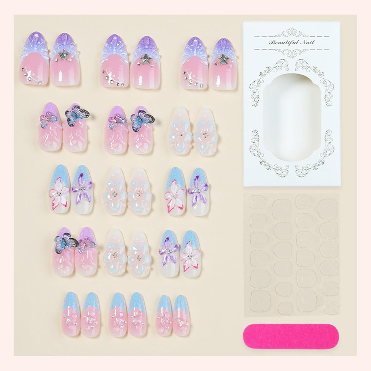 30Pcs Flower Press on Nails Medium Almond French Tip Fake Nails with 3D Star Rhinestone Design Butterfly Heart False Nails Pink Smudge Full Cover Cute Floral Butterflies Acrylic Glue on Nail for Women