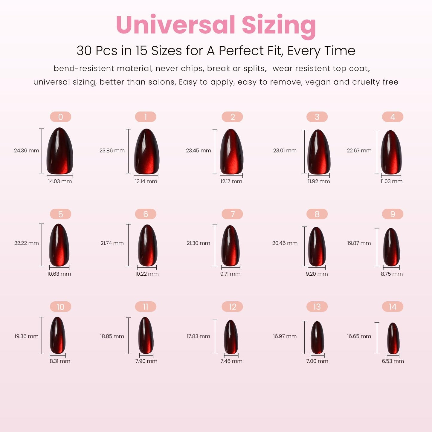 Nail Reformation Press On Nails, Burgundy Red Medium Almond Fake Nails with Cat Eye Velvet Finish, Natural Reusable Opaque Stick On Nails in 15 Sizes - 30 Nail Kit with Glue, Manicure Gifts for Women