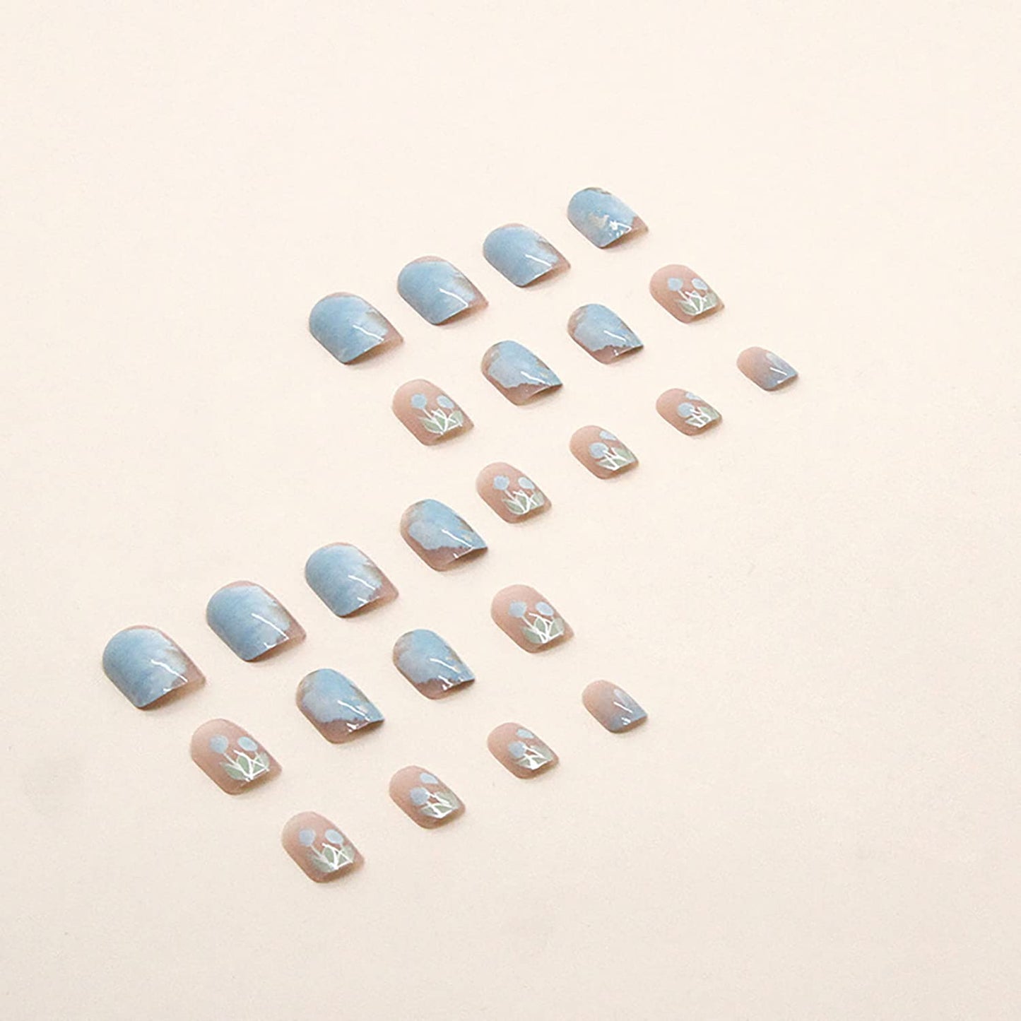 24PCS Full Cover Reusable False Nails Kits, Press on Nail Short Square Glue on Nails with Blue Tulip Flower Designs Artificial Glossy Finger Acrylic Fake Nails for Women Stick on Nails Coffin Shape