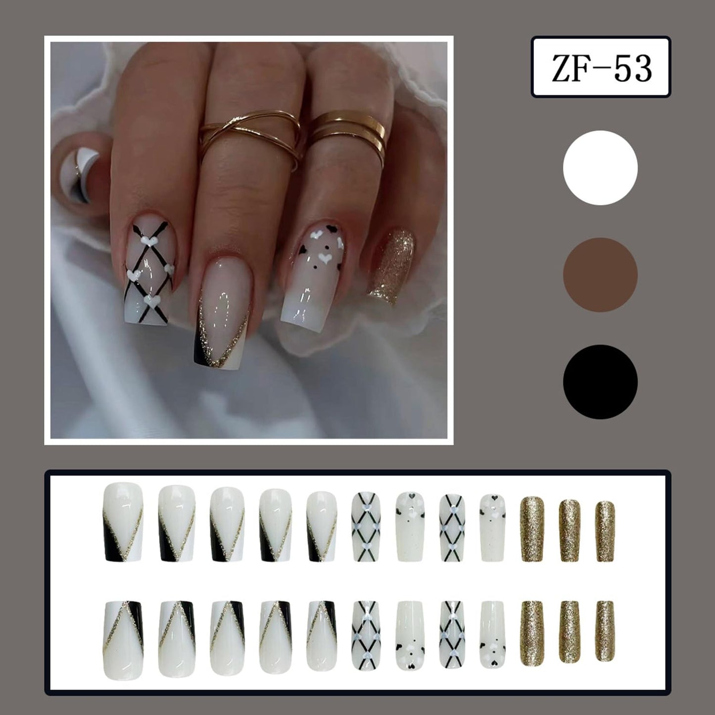 24Pcs Valentines Press on Nails Medium Square Artificial Acrylic Black White Love with Black Lines Design Full Cover Glossy Heart Glue on Nail Artificial Fingernails for Women Festival Manicure