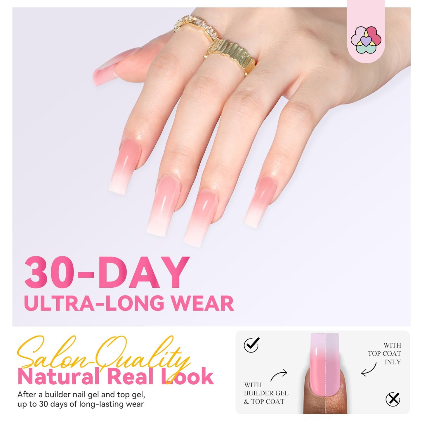 SAVILAND Press On Nails for Women: With Builder Gel for Nails 16 Sizes Long Square French Tip Gel Nail Kit Pink White Ombre U V Nail Glue and Remover Gels Lamp Top Coat and Primer Kit