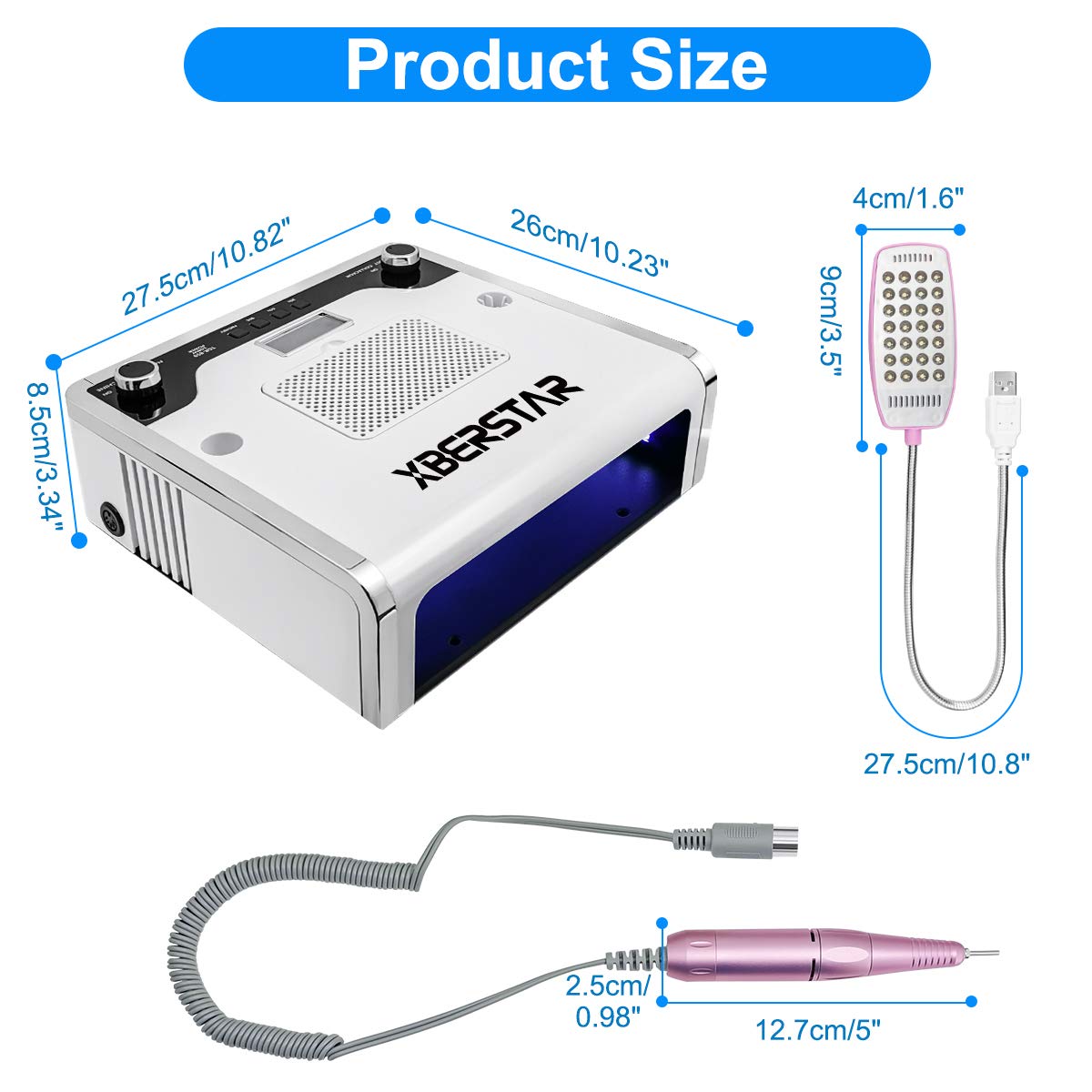 XBERSTAR Nail Dust Collector,54LED 108W 4‑in‑1 Electric Suction Dust Fan for Acrylic Gel Nails Kit Nail File Drill Professional Salon Nail Art Equipment Kit (White)