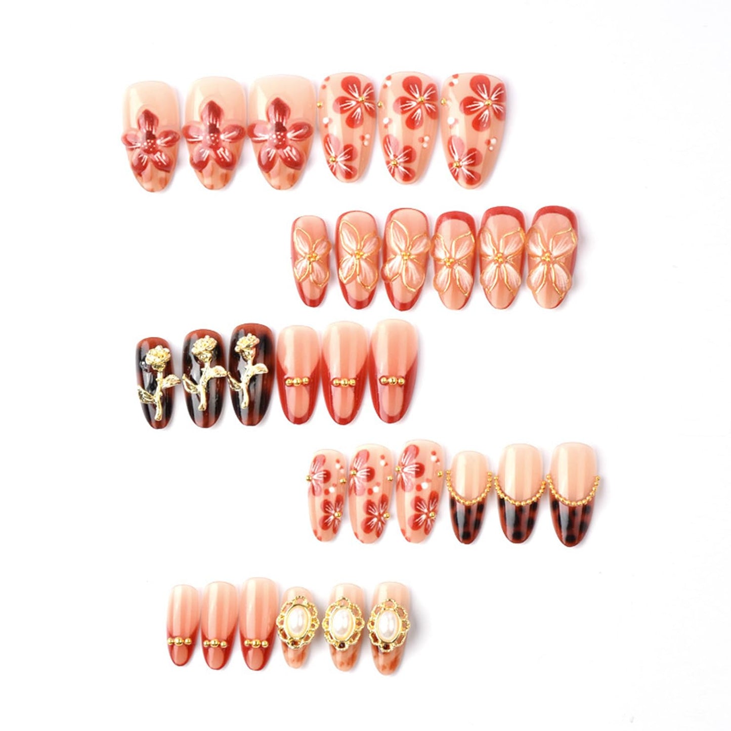 30Pcs Flower Press-On Nail Set Medium Almond Fake Nails with 3D Floral Rose Gold Beads Rhinestones Designs French Tip False Nails Handmade Press on Glue on Nails Gift for Women and Friends
