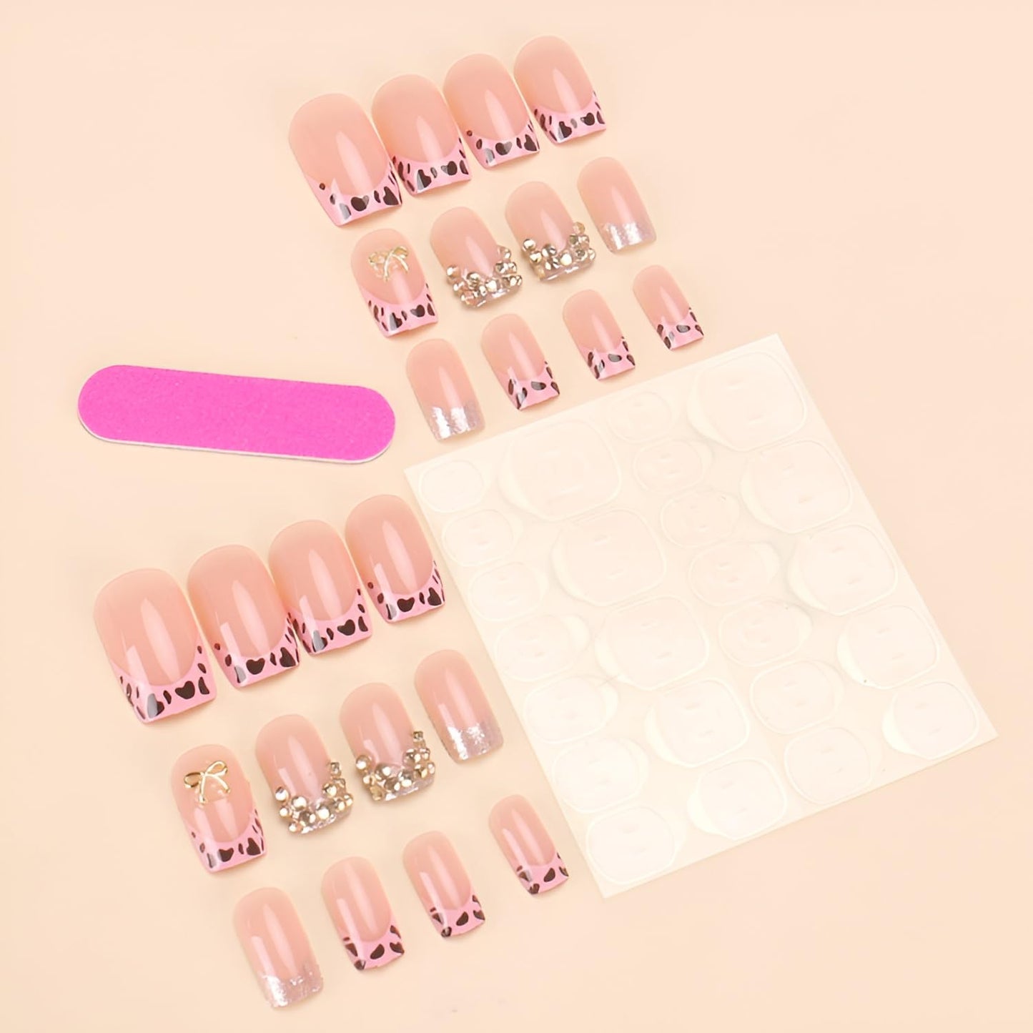 Nude Fake Nails Short Square Press on Nails Pink French Tip Nails Press Ons with Leopard Print Design Gold Bow False Nails Glossy Glue on Nail Rhinestones Stick on Nail for Women 24Pcs