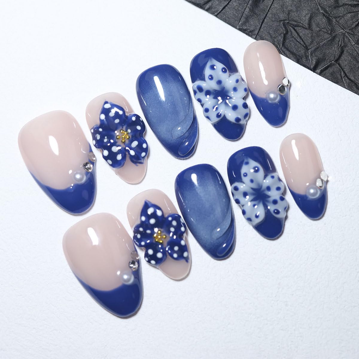 10Pcs Short Almond Handmade Press On Nails | Nude Pink & Royal Blue French Tip with 3D Floral, Pearl & Rhinestone Decor | Reusable Salon-Quality Fake Nails for Women and Girls (PZ02, S)