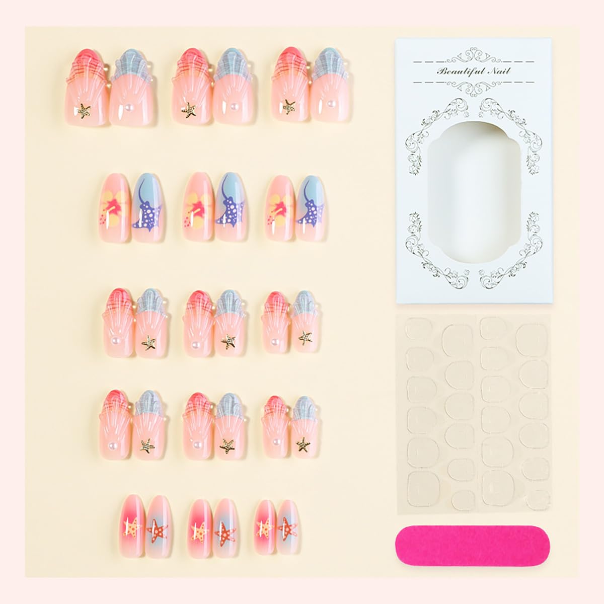 24Pcs Medium Almond Press on Nails Blue French Tip Fake Nails 3D Gold Starfish Shell Press ons with Pearl Glitter Glue on Nails Summer Beach False Nails Cute Stick on Nails for Women Girl Acrylic Nail