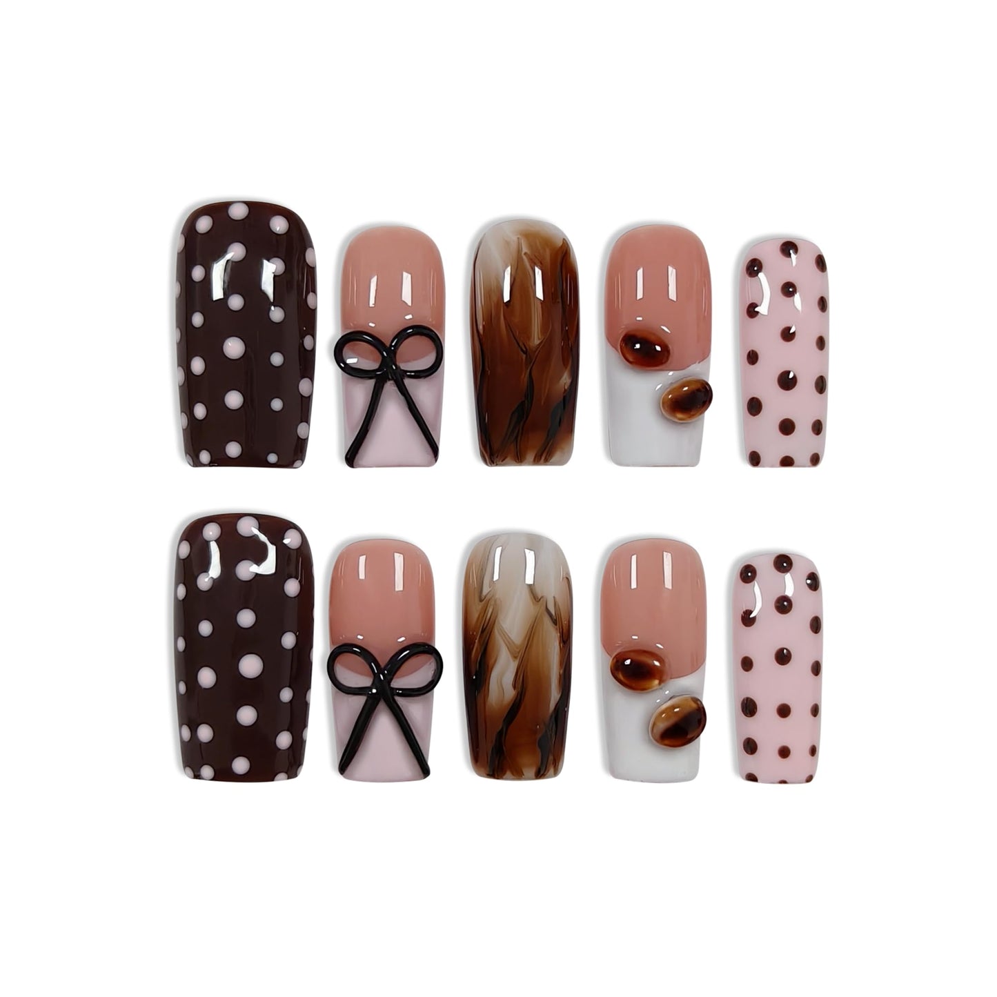 TENPAL Pink Coffee French Tip Press on Nails Medium Square, Polka Dot Ombre 3D Coffee Bean Cute Sweet Girly Reusable Salon False Nails for Daily Wear 10PCS(L)