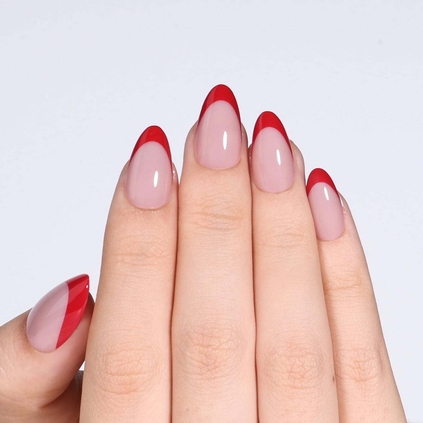 Red French Tip Press On Nails - Short Almond Fake Nails, Reusable Fake Nails with Glue, French Tip Design for Women 32 Pieces 16 Sizes