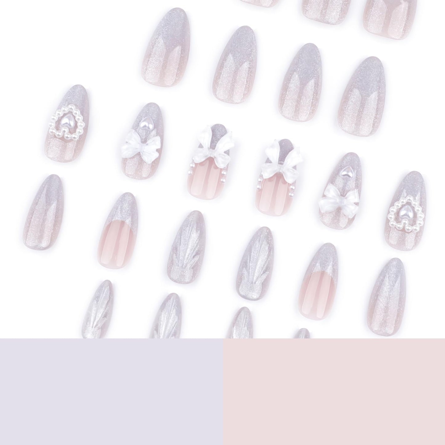 24Pcs Glitter French Tip Press on Nails Medium Almond Fake Nails Glossy Gradient False Nails with 3D Ripple Pearl Heart Design White Bow Stick on Nails Glue on Acrylic Artificial Nail for Women Decor