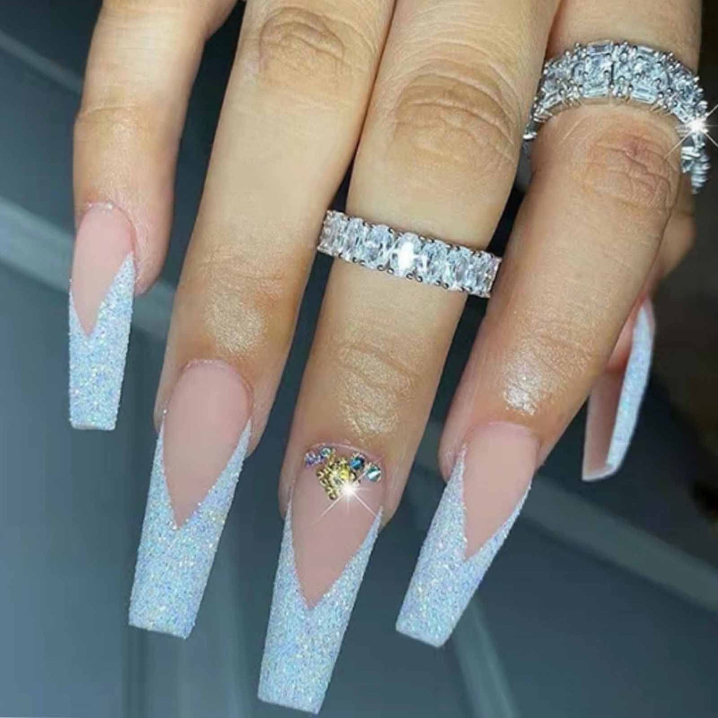DANMANR Long Press on Nails Square French Fake Nails Full Cover Nude Acrylic False Nails for Women and Girls 24PCS (White Beige)