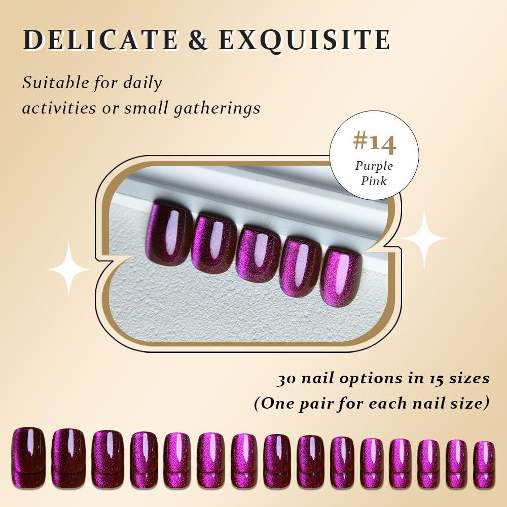 evpct Purple Pink Cat Eye Extra Short Square Press on Nail, Petite Short Square Stick on Nails for Women, Purple Pink Glossy Holographic Fake Nails Reusable Gel Press on Acrylic Fake Nail with Designs