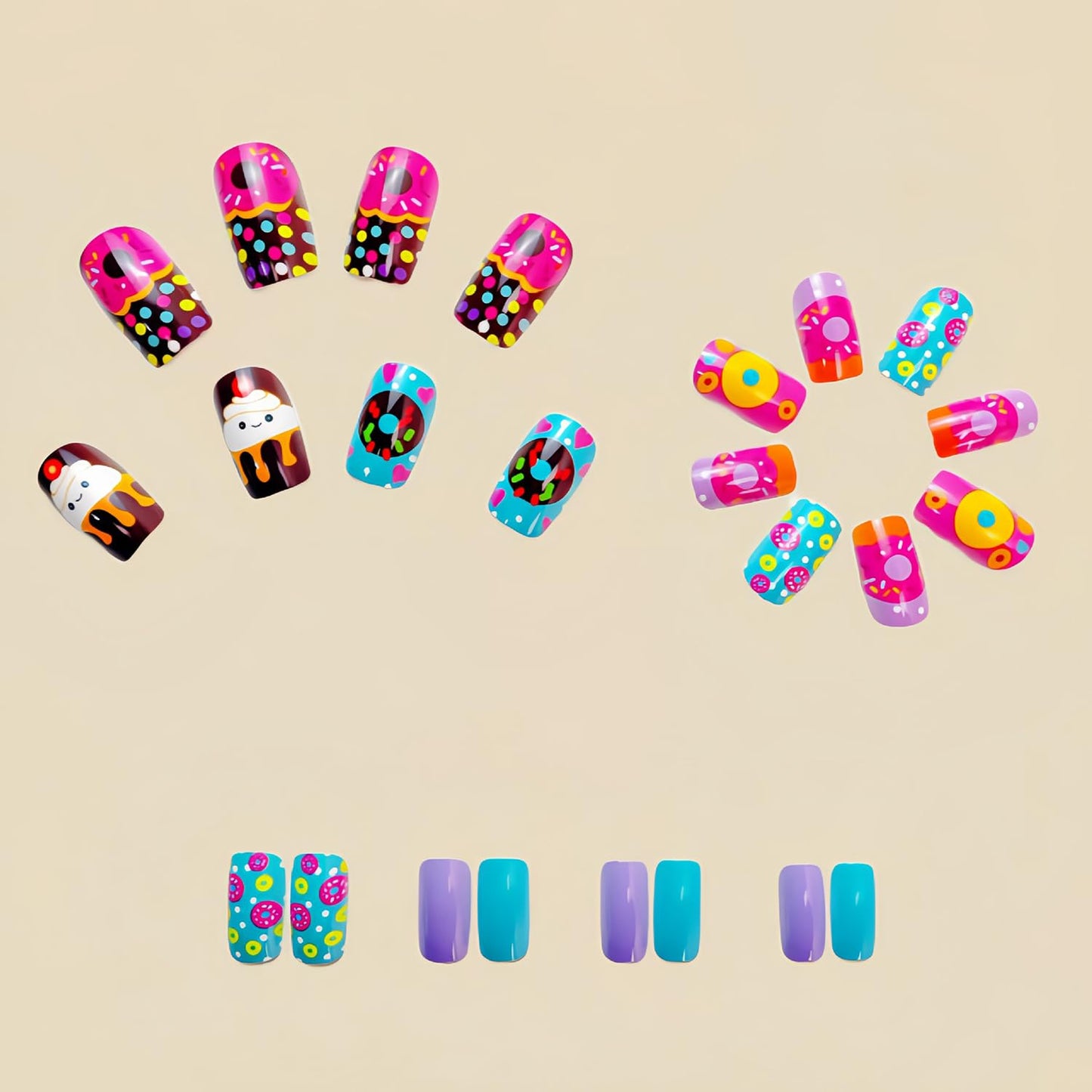 Cute Donut & Cupcake Themed Press on Nails Medium Coffin Shaped Fake Nails with Color Designs Square Press on False Nails Glossy Acrylic Nails Spring Summer Stick on Nail Art for Women Girls 24Pcs