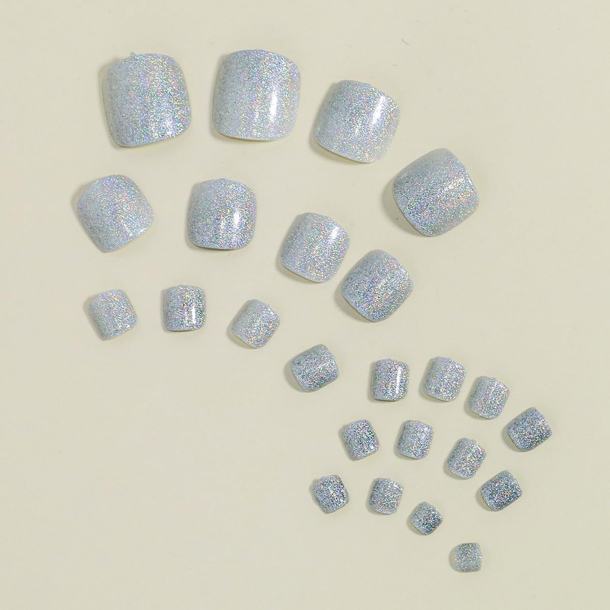 Silver Glitter Press on Toenails Short Square Acrylic Toe Nails Finish Fake Toenails Full Cover Glue on Toe Nails False Toenails with Powder Designs Cute Artificial Toenails for Women Girls 24Pcs