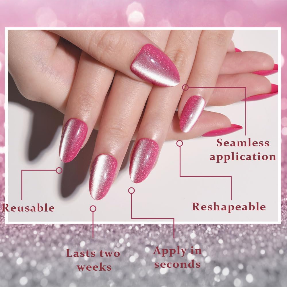 evpct Rose Red Cat Eye Real Short Press on Nails Almond, Petite Short Almond Stick on Nails for Women Gift, Rose Red Holographic Glossy Fake Nail Reusable, Soft Press on Acrylic Nail with Designs