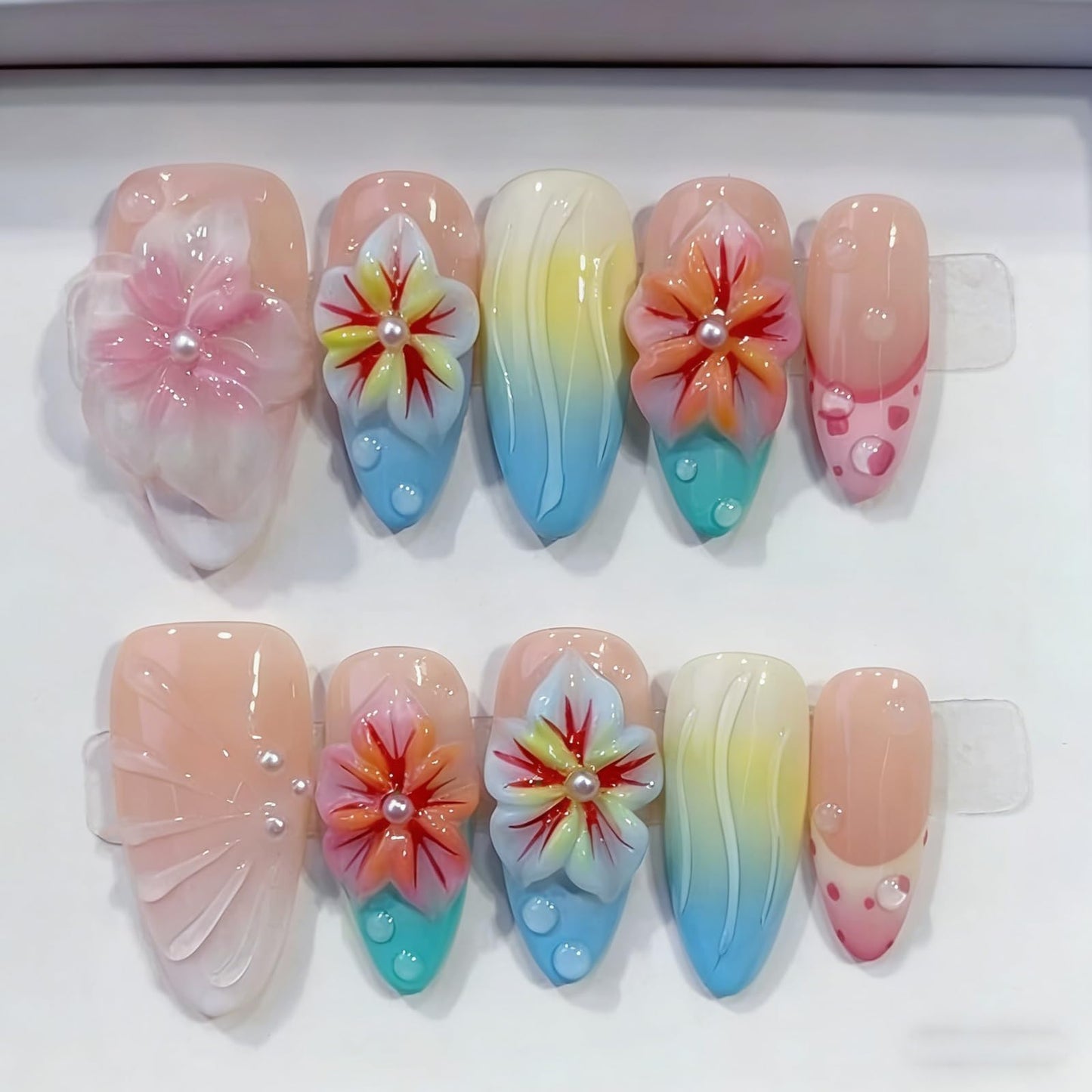 Floral Handmade Medium Almond Press on Nails Nude Pastel 3D Floral Gradient Wave Pearl Details Glossy Finish Reusable Spring Nails Easy Apply Fashion Wear Durable Trendy Women Girls Nail Art 24 Pcs(S)