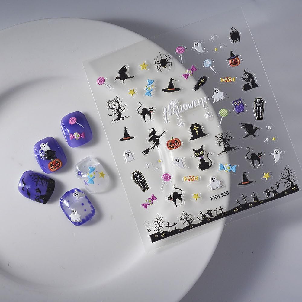 Halloween Nail Art Stickers 5D Embossed Cat Ghost Nail Stickers Witch Monster Candy Pumpkin Spider Star Nail Decals for Women Girls Holiday Manicure DIY Nail Supplies