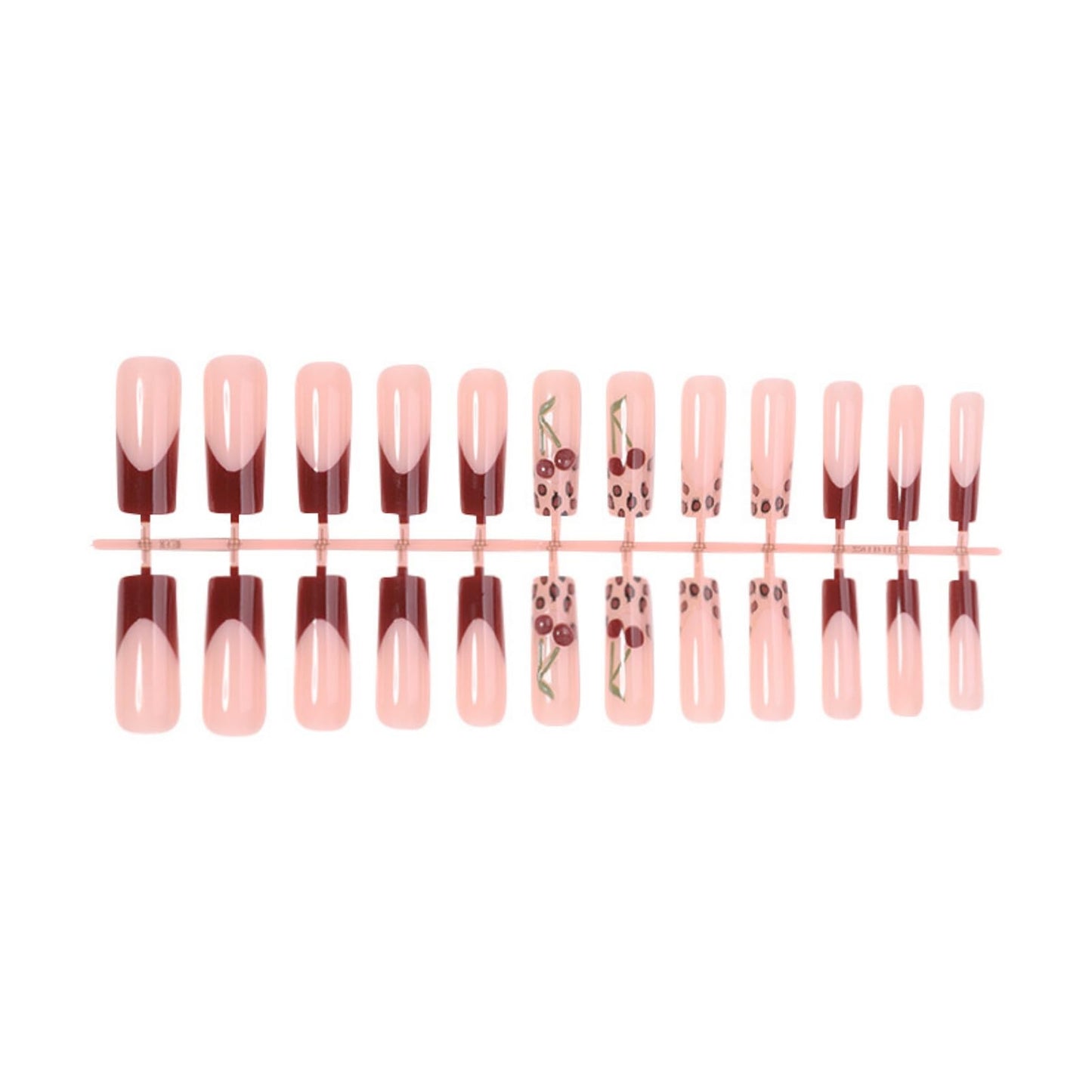 Long Square Press on Nails Fake Nails Artificial Nail Stick on Nail for Women, Leopard & Cherry Design on Nude Base with Red French Tip and Gold Leaf Accents