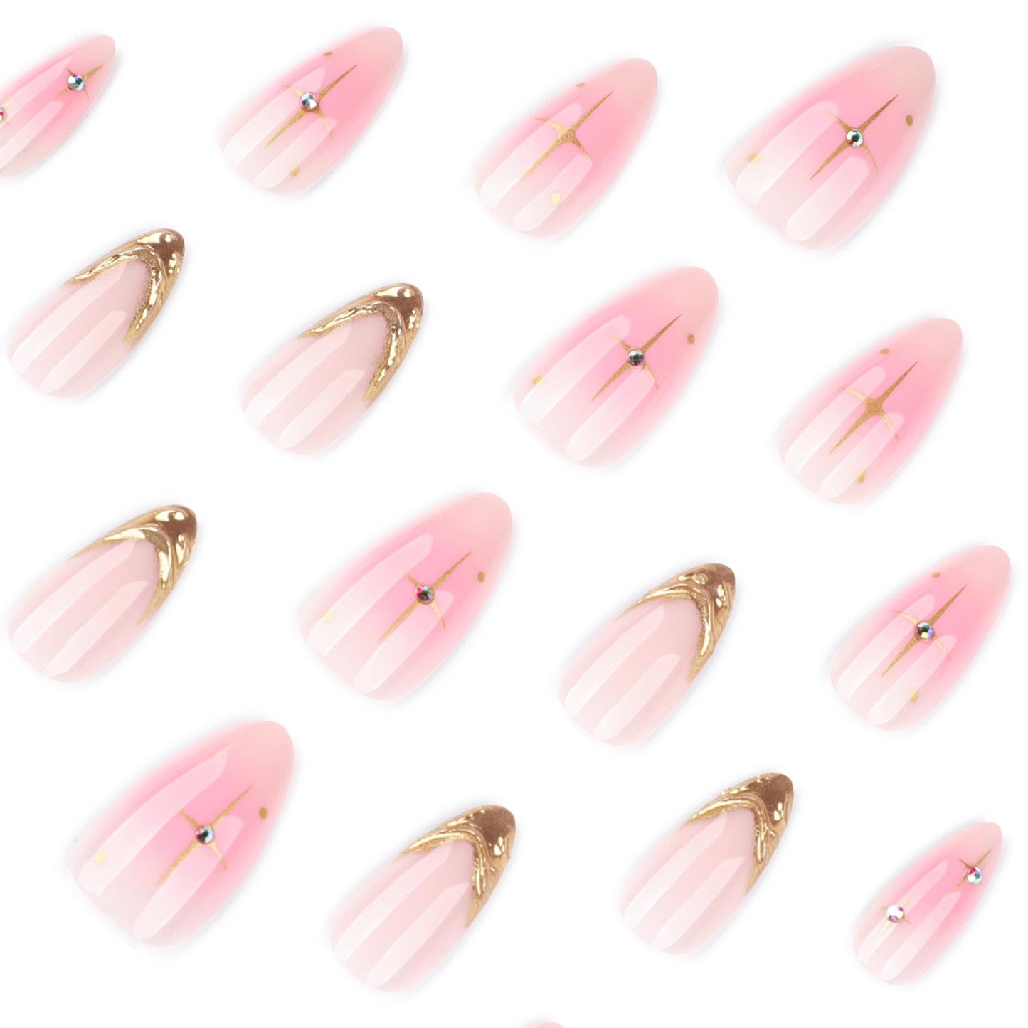 LBPEPAMZ 24Pcs Pink Press on Nails Short Almond Fake Nails with 3D Rhinestones Design Embossed Gold French Tip Acrylic False Nails Ombre Full Cover Glossy Glue on Nails for Women Daily Manicure Decor