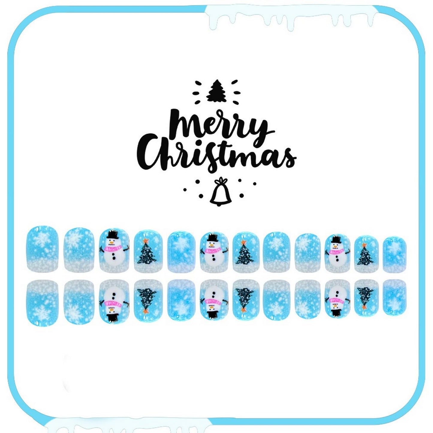 Christmas Press on Nails Winter Cute Snowman Snowflake Christmas Tree Fake Nails Designs Short Square False Nails Women Blue Christmas Glue on Nails Full Cover Reusable Glossy Holiday 24 Pcs