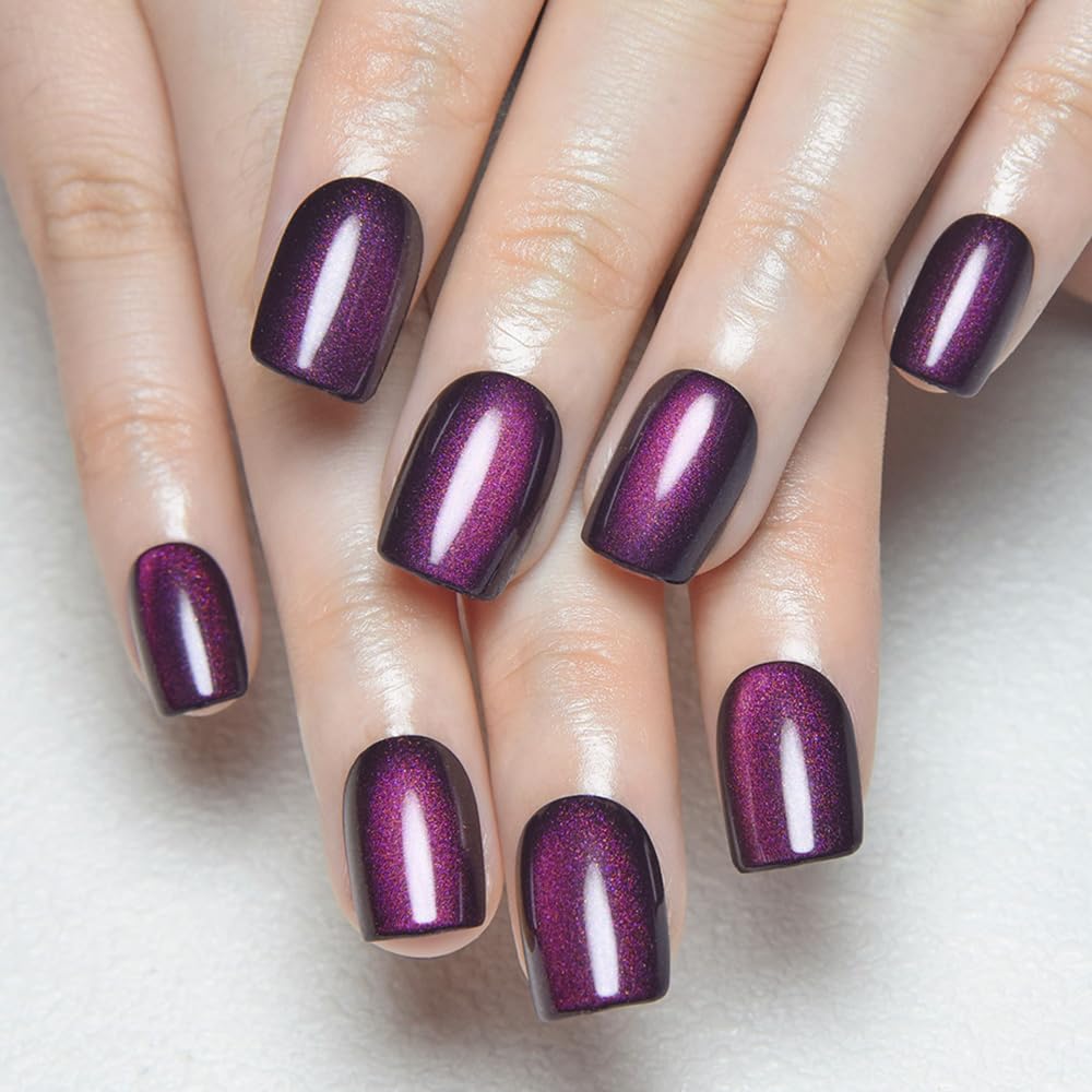 evpct Purple Cat Eye Press on Nails Extra Short Square, Petite Short Press on Stick on Nails for Women Gift, Dark Purple Holographic Glitter Glossy Reusable Stick on Gel Acrylic Fake Nail with Design