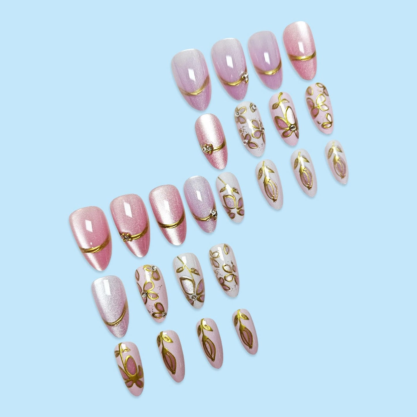 24Pcs Cute Flower Press on Nails Short Almond Fake Nails 3D Pink Purple Floral False Nails with Rhinestone Charms Design Nail Gilded French Tip Artificial Nail Glitter Full Cover Nails for Women