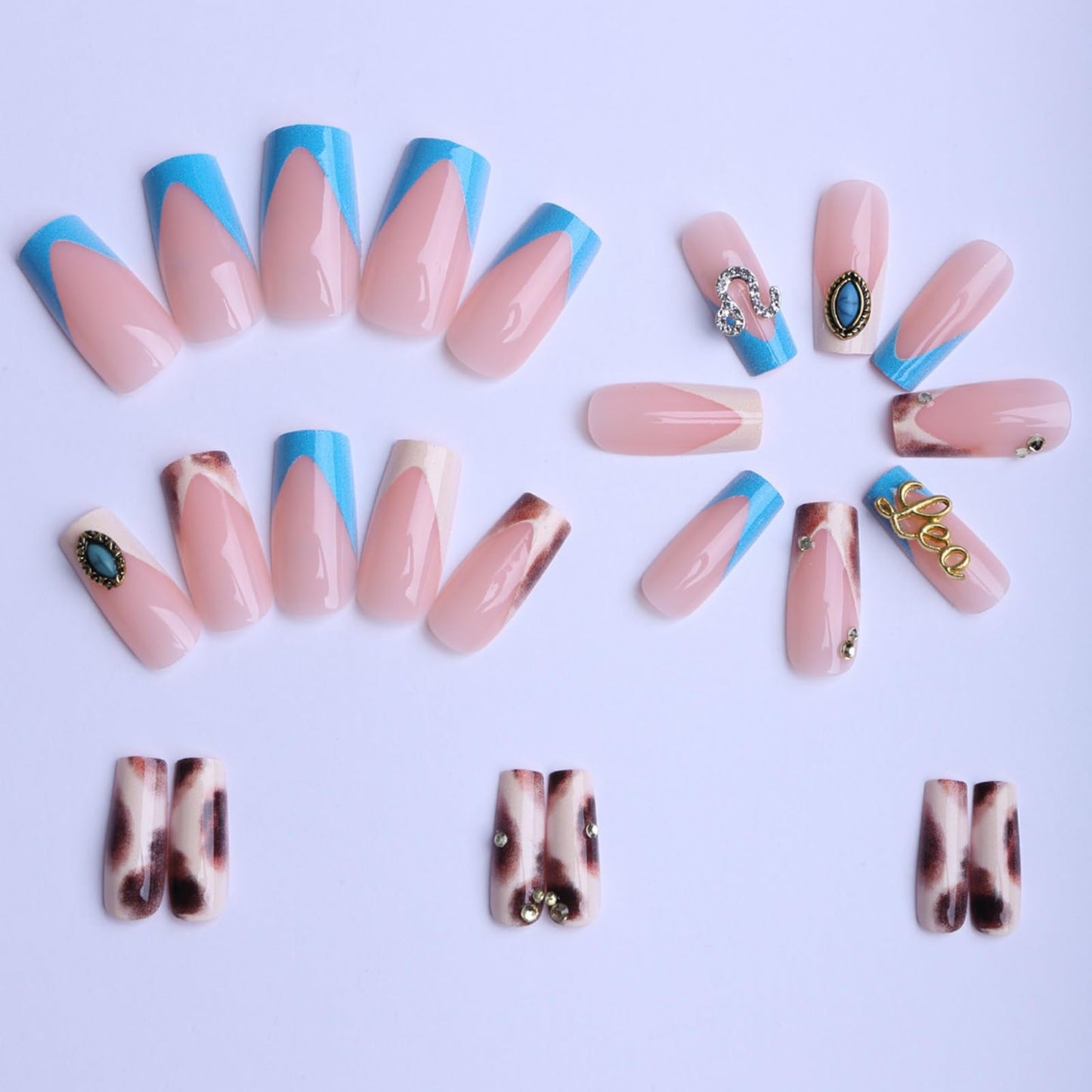 Octoswave Medium Square Press on Nails French Blue Leopard Print with 3D Turquoise Charms Bohemian False Nails for Women and Girls 24Pcs