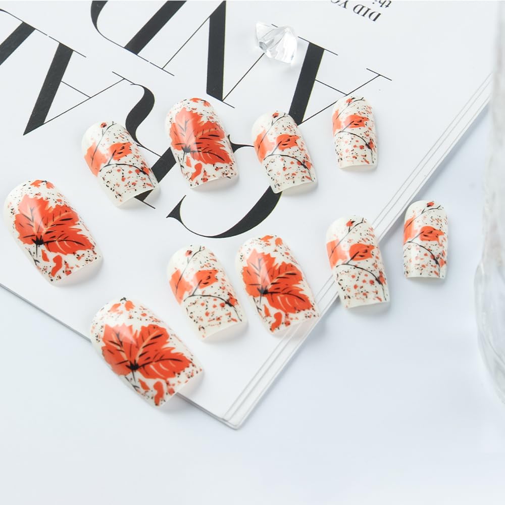 Fall Press on Nails Maple Leaves Fake Nails Medium Square False Nail with Gradient Designs Full Cover Reusable Acrylic Cute Autumn Nail for Women Girls 24Pcs