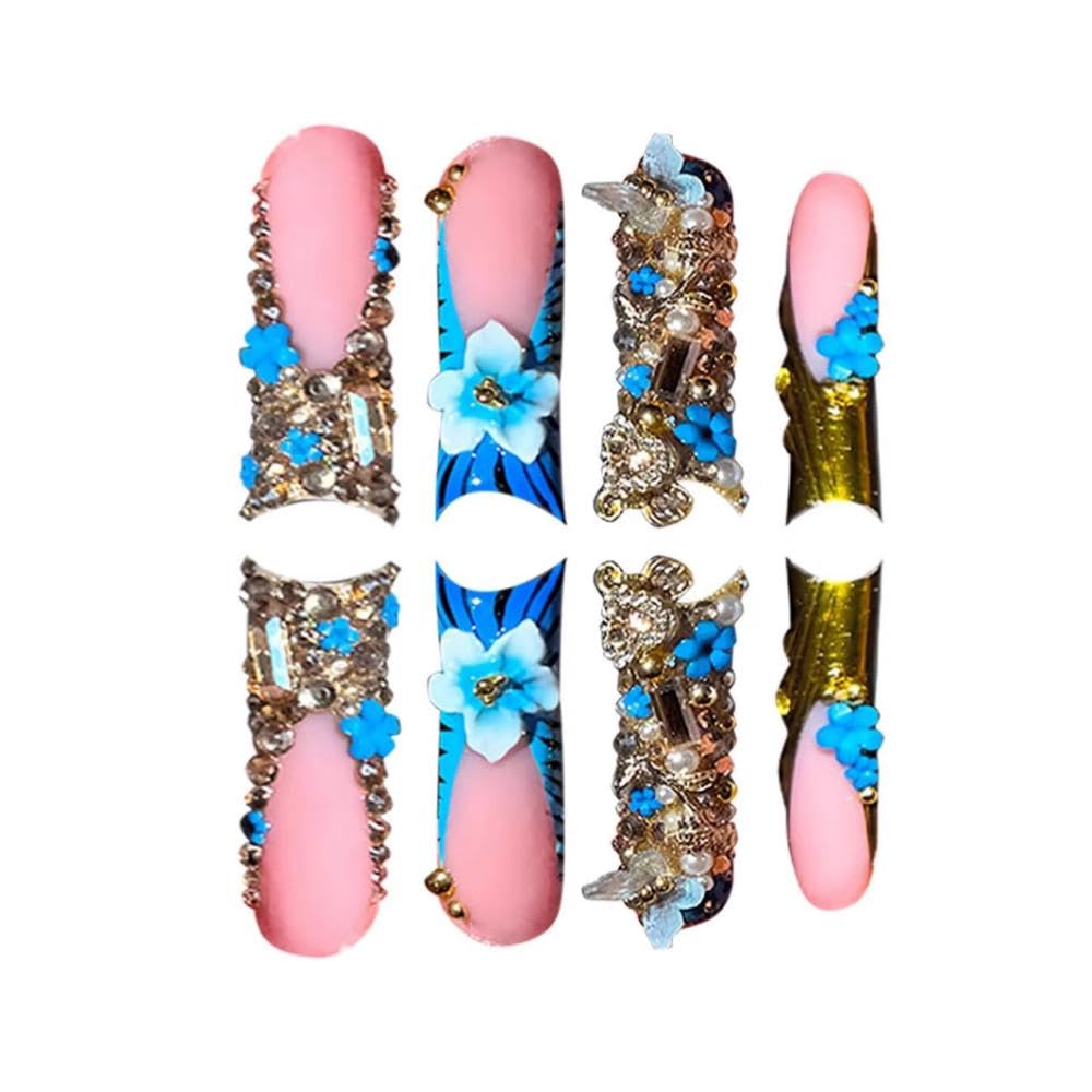 Long Square Press on Nails - Blue French Tips Fake Nails - 3D Flower Charm Design Gold Rhinestones False Nail Glossy Skin Tones Stick on Nails Cute Zebra Glue on Nail for Women Manicure 24Pcs